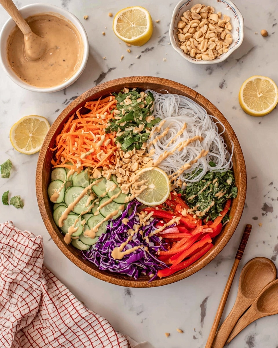 A round wooden bowl holds a fresh, colorful salad arranged in layers: shredded orange carrots on the top left, white rice noodles on the top right, thinly sliced light green cucumbers in the center, chopped dark green herbs to the right and left of cucumbers, bright red bell pepper strips on the bottom right, and shredded purple cabbage on the bottom left. The salad is drizzled with a creamy light brown dressing and sprinkled with crushed peanuts. A lemon wedge rests on the cabbage. The bowl sits on a white marbled surface surrounded by a white bowl with dressing, a small white bowl with crushed peanuts, a checkered cloth with lemon slices, and wooden spoons. Chopsticks rest on a white plate with a red rim nearby. Photo taken with an iphone --ar 4:5 --v 7