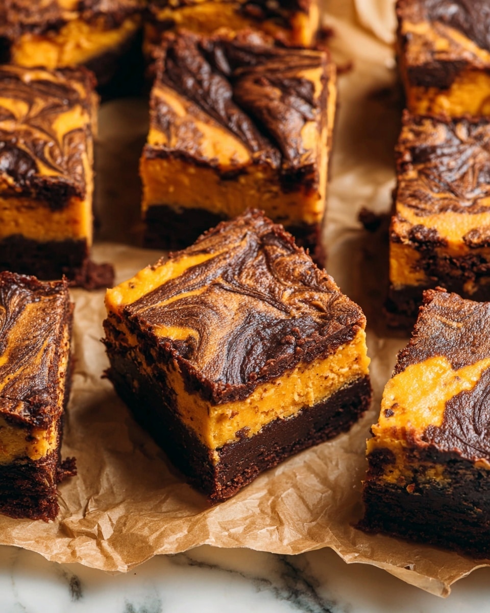 A close-up view of a thick, square brownie slice showing three layers: a dark, dense chocolate base, a middle layer of smooth, bright orange pumpkin filling, and a top layer marbled with swirls of glossy brown chocolate and pumpkin. The texture of the chocolate layers is moist and slightly crumbly, while the pumpkin layers look creamy and rich. Some crumbs are scattered around the brownie on a white marbled surface, with another brownie piece blurred in the background and a golden spoon holding cinnamon powder partly visible. photo taken with an iphone --ar 4:5 --v 7
