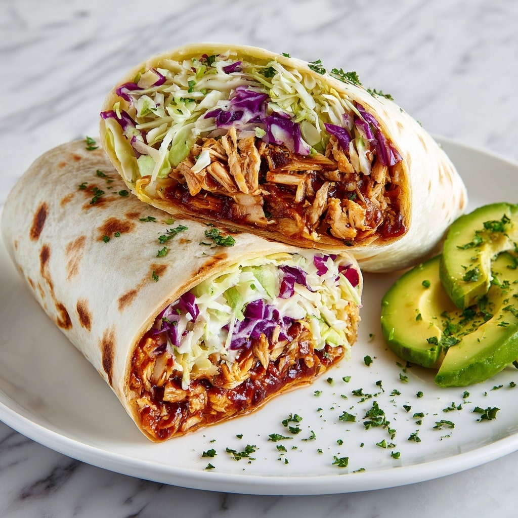 The image shows two wraps on a white round plate with a glossy finish and a yellow color replaced by white marbled texture in the background. Each wrap has three visible layers: the outer soft beige tortilla, a layer of shredded green lettuce and purple cabbage mixed with small orange carrot strips inside, and a layer of shredded cooked chicken pieces with a slightly orange tint on top of the veggies. The wraps are cut in half diagonally, revealing the colorful filling inside. Scattered around the plate are small bits of lettuce and purple cabbage. Near the plate, there is a white glass with ice cubes and a portion of an unrolled tortilla showing the same fillings. The whole setup is placed on a smooth white marbled texture. Photo taken with an iphone --ar 4:5 --v 7