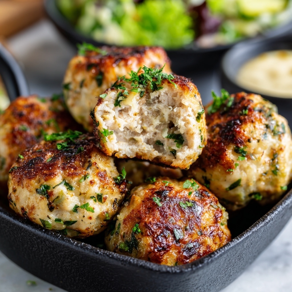 The image shows six round baked patties placed closely together on a black pan, each patty with a golden-brown crispy top sprinkled with small bits of grated cheese and green herbs. The patties have a creamy texture with visible specks of green herbs and seasoning throughout, giving a mix of off-white, light orange, and green colors. There is some melted cheese and juices around the base of the patties, adding a glossy look. To the side, a small bunch of fresh green parsley adds color contrast. The pan is set on a white marbled texture surface. photo taken with an iphone --ar 4:5 --v 7