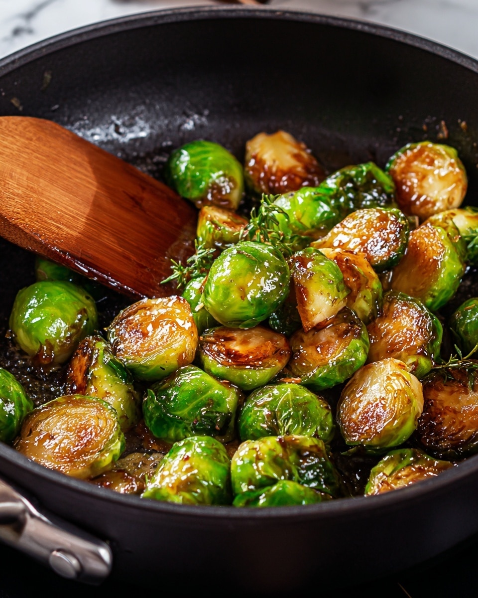 The image shows a white round bowl full of browned, roasted Brussels sprouts mixed with small pieces of crispy, dark red-brown bacon and bits of garlic, giving a mix of green, golden yellow, and dark brown colors with textured crispy edges. Beside the bowl, there is a small white scalloped dish holding grainy mustard on a silver spoon at the bottom left, and a honey dipper resting on a small white dish with honey at the top right. The bowl and dishes are placed on a white marbled surface. photo taken with an iphone --ar 4:5 --v 7