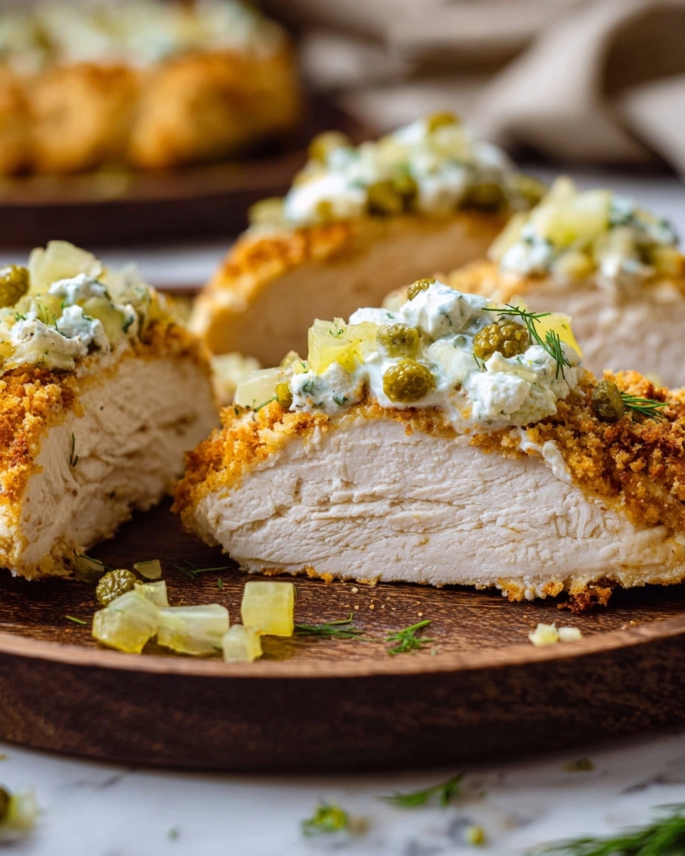 The image shows a sliced piece of breaded chicken breast with three layers: a bottom white and tender cooked chicken layer, a middle light golden crumbed and crispy breading layer, and a top creamy white layer with small green pickled pieces and herbs, all resting on a dark wooden plate, with some herbs and pickled bits scattered around. The background has a soft focus on other similar dishes, and the surface is a white marbled texture. Photo taken with an iphone --ar 4:5 --v 7