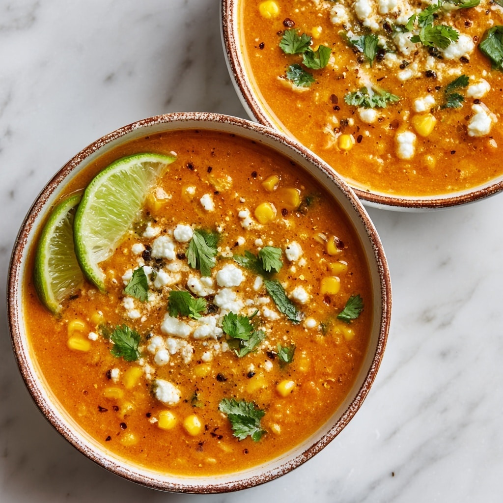 A close-up view of a white bowl with a rustic brown chipped rim, filled with a thick orange soup that has visible corn kernels and small bits of herbs inside. The surface of the soup is topped with crumbled white cheese and scattered fresh green cilantro leaves. A wedge of lime is placed on the edge of the bowl, adding a fresh touch. The bowl sits on a white marbled surface that contrasts with the warm colors of the soup. photo taken with an iphone --ar 4:5 --v 7