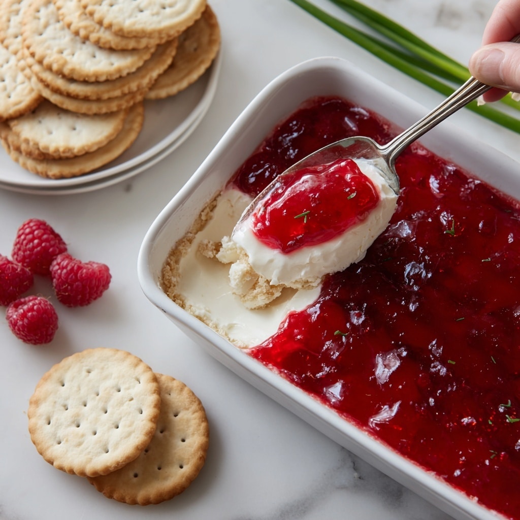 The image shows a white rectangular dish filled with a layered dessert. The bottom layer is a creamy white base with a smooth texture, topped with a bright red jelly layer that looks firm and glossy. Next to the dish, there is a stack of round crackers on a white surface with a white marbled texture, along with some green onions placed to the right. In the bottom left corner, a white cracker is topped with the creamy layer and red jelly, held by a woman's hand using a silver spoon with a bit of the dessert on it. Several fresh raspberries are scattered on the surface near the crackers. Photo taken with an iphone --ar 4:5 --v 7
