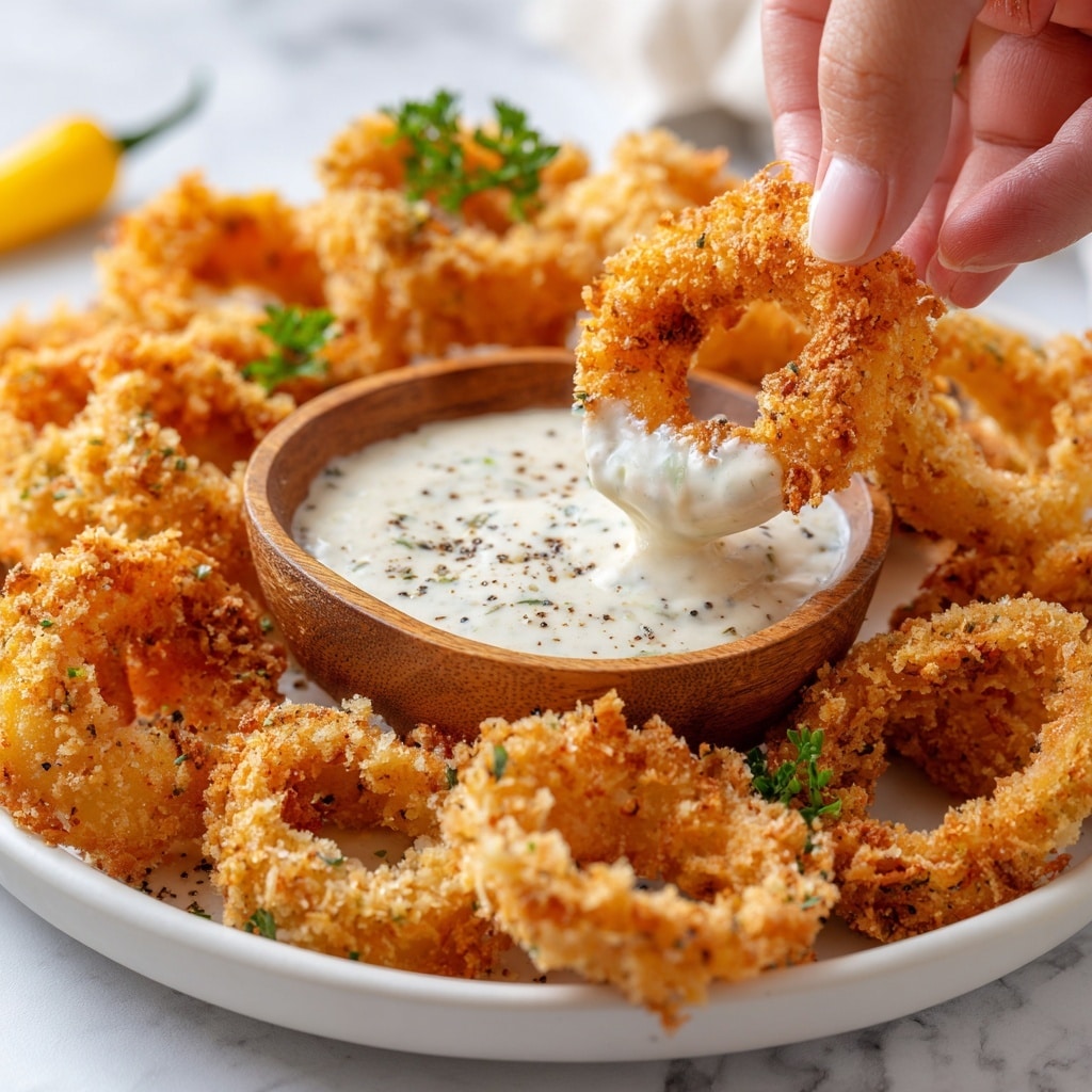 A wooden bowl filled with golden brown, crispy fried onion rings layered unevenly, with a light, crunchy texture dusted with small crumbs. The onion rings sit on crumpled brown parchment paper inside the bowl. Nearby, there is a white bowl containing creamy white dipping sauce with black pepper flakes on the surface. The background is a white marbled texture. Photo taken with an iphone --ar 4:5 --v 7