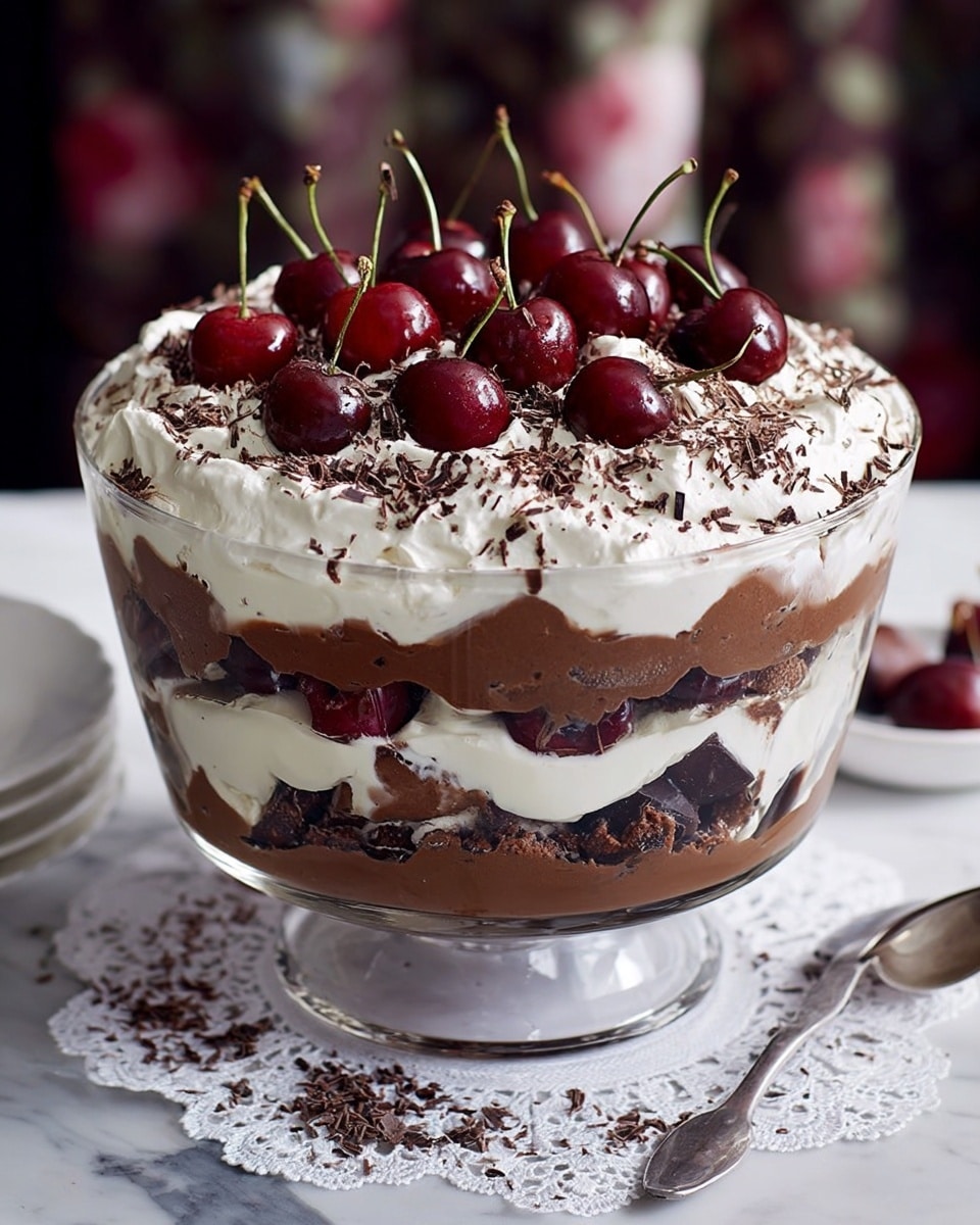 The image shows a clear glass filled with a layered dessert, starting at the bottom with dark red cherries, followed by a creamy white layer mixed with brown chocolate shavings and small nut pieces, then another layer of cherries, and creamy white on the top with more chocolate shavings and chopped nuts scattered throughout. The dessert is topped with three dark, glossy cherries with green stems. In the background, two similar glasses with the same dessert are slightly blurred. The dessert sits on a dark surface with some scattered nut pieces and a colorful ornamental heart shape below the glass, all set on a white marbled texture. photo taken with an iphone --ar 4:5 --v 7