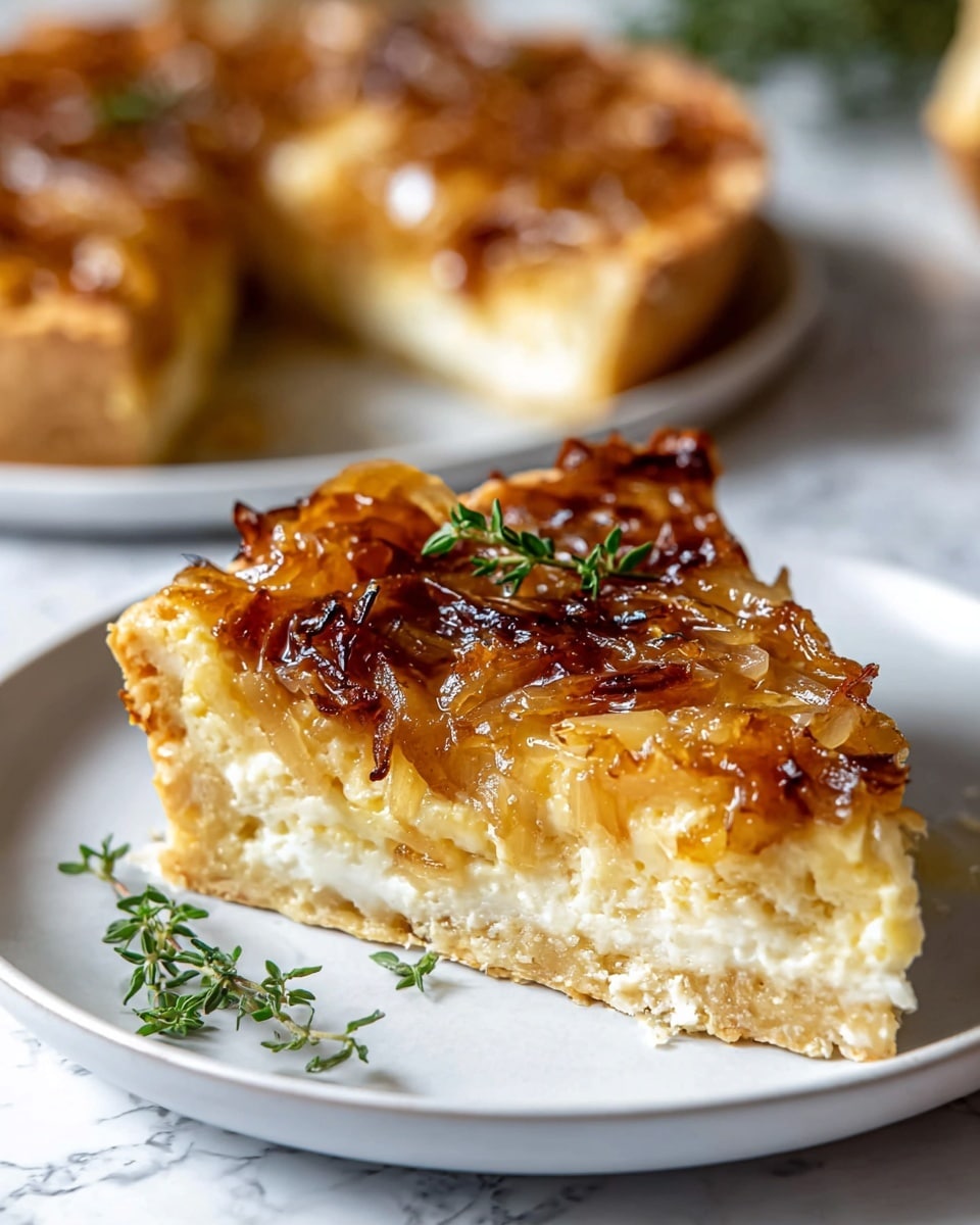 A tart with one thick golden-brown crust layer that is slightly flaky and raised at the edges, filled with several creamy white layers of cheese and thinly sliced onions that are soft and translucent; the top layer consists of golden caramelized onions that have a slightly crispy texture and rich amber color, spread evenly across the surface. A silver spatula is lifting one slice, revealing the creamy layers inside. The tart is in a dark round metal pan, sitting on a white marbled surface with a white plate partially visible in the foreground. photo taken with an iphone --ar 4:5 --v 7