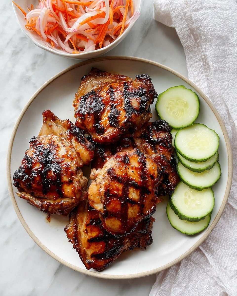 A plate of grilled chicken thighs with four large pieces stacked on a white round plate, showing dark brown grill marks and some charred edges, giving a shiny, slightly sticky look from the glaze; beside the plate, three thin slices of cucumber with a pale green color and slightly ridged edges lie on a white marbled surface, and above that, a small white bowl filled with shredded pickled vegetables, mostly orange carrots and white daikon radish; a white cloth napkin is partially visible on the right side. photo taken with an iphone --ar 4:5 --v 7