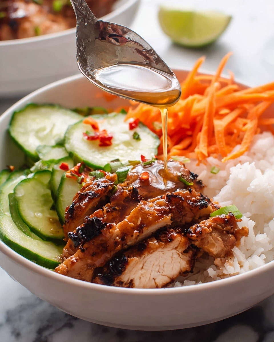 A white bowl filled with a base layer of fluffy white rice, topped with a second layer of grilled chicken pieces glazed with a shiny, dark sauce and small bits of red chili flakes, surrounded by thin orange carrot strips on one side and green cucumber slices on the other. A bright green lime wedge rests on the edge of the bowl. A metal spoon held by a woman's hand is pouring a thin golden sauce over the chicken. The bowl is set on a white marbled surface. Photo taken with an iphone --ar 4:5 --v 7