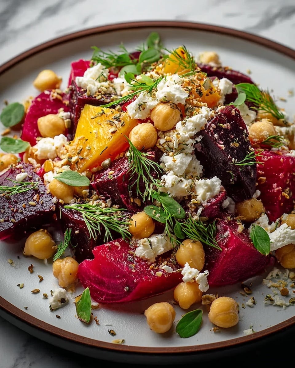 A close-up of a colorful salad served on a white plate, layered with bright red and deep purple beet chunks, soft yellow chickpeas, and small broken pieces of white cheese scattered on top. Green herbs like dill and small leaves are sprinkled around, adding freshness. The textures show the beets as smooth and glossy, chickpeas round and firm, and cheese crumbly. The background has a white marbled texture, making the colors of the salad stand out clearly. photo taken with an iphone --ar 4:5 --v 7