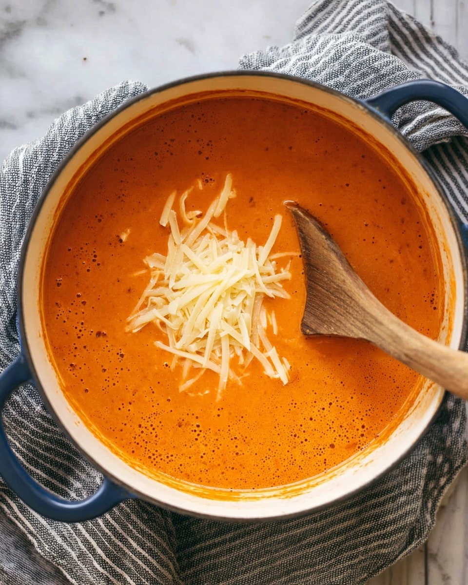 A bowl filled with thick, creamy orange tomato soup sits on a rustic wooden board with a white marbled texture underneath. The soup has fine black pepper specks and fresh chopped green herbs sprinkled on top. In the middle, there is a piece of crusty bread that is partially submerged, topped with white shredded cheese and more herbs. A silver spoon rests inside the bowl on the left side, and a piece of crusty bread leans on the edge of the bowl. Part of another bowl with a similar soup garnished with shredded cheese and herbs is visible in the bottom right corner. Photo taken with an iphone --ar 4:5 --v 7