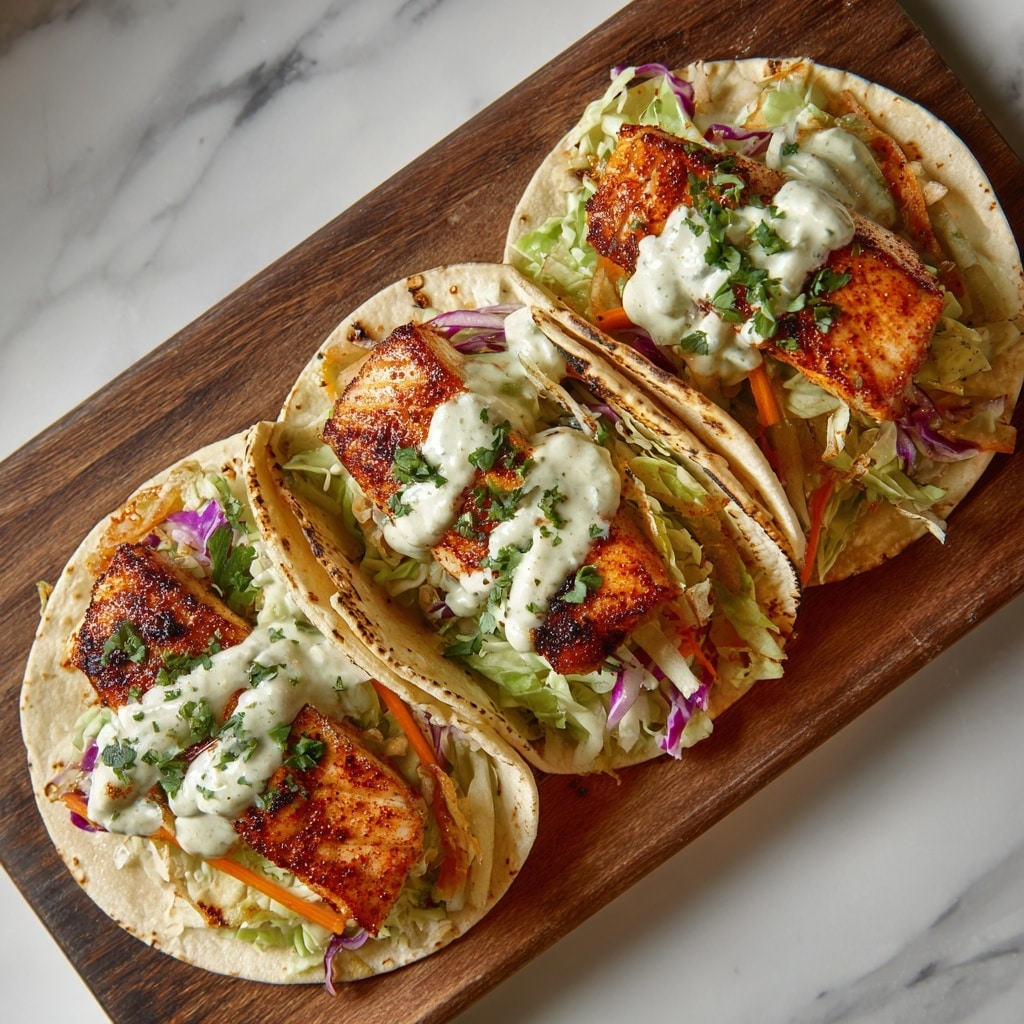 The image shows three grilled fish tacos arranged side by side on a white plate, each taco having a crisp yellow corn tortilla shell. The bottom layer consists of light green shredded cabbage, topped with a piece of grilled fish with a slightly charred, golden-brown crust. Above the fish, there is a layer of finely chopped red tomatoes and green herbs. Finally, the tacos are drizzled with a creamy white sauce with green herb specks. Lime wedges rest beside the tacos on the white plate, which sits on a white marbled surface. Photo taken with an iphone --ar 4:5 --v 7