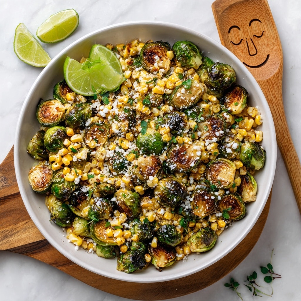 A white bowl filled with roasted Brussels sprouts and charred yellow corn kernels mixed together, garnished with small green herb leaves and a light sprinkle of white cheese crumbles. The Brussels sprouts have a golden brown sear on the cut sides, and the corn has a slightly blackened, smoky look. Two lime wedges rest within the dish, one on the left and one on the right side. The bowl sits on a wooden board with a smiling face wooden spatula nearby, all placed on a white marbled texture surface. Some scattered roasted Brussels sprout halves and a halved lime lie around the bowl. photo taken with an iphone --ar 4:5 --v 7