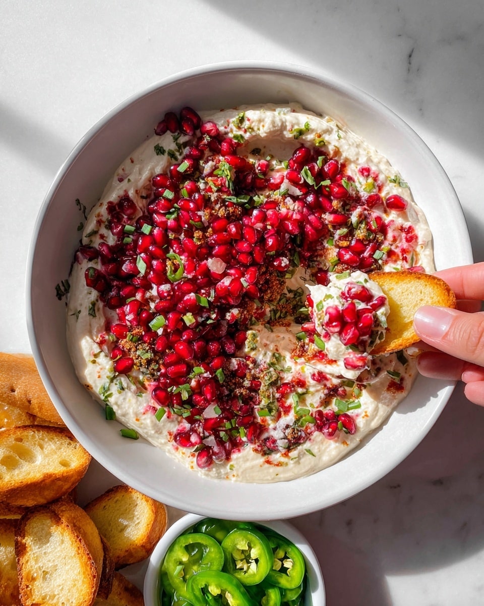 The dish is served in a white bowl on a white marbled surface. It has two main layers: the bottom layer is smooth, creamy white, spread thickly around the bowl’s edges, while the top layer is a colorful mix of bright red pomegranate seeds and finely chopped herbs and green onions, creating a textured, vibrant contrast. A small scoop of the creamy layer is mixed with the red topping, placed on a toasted pale golden slice of bread that is held by a woman's hand reaching into the bowl. To the side, there are additional toasted bread slices and a small white bowl filled with thinly sliced green jalapeños. The lighting is bright and natural, highlighting the freshness of the ingredients. Photo taken with an iphone --ar 4:5 --v 7
