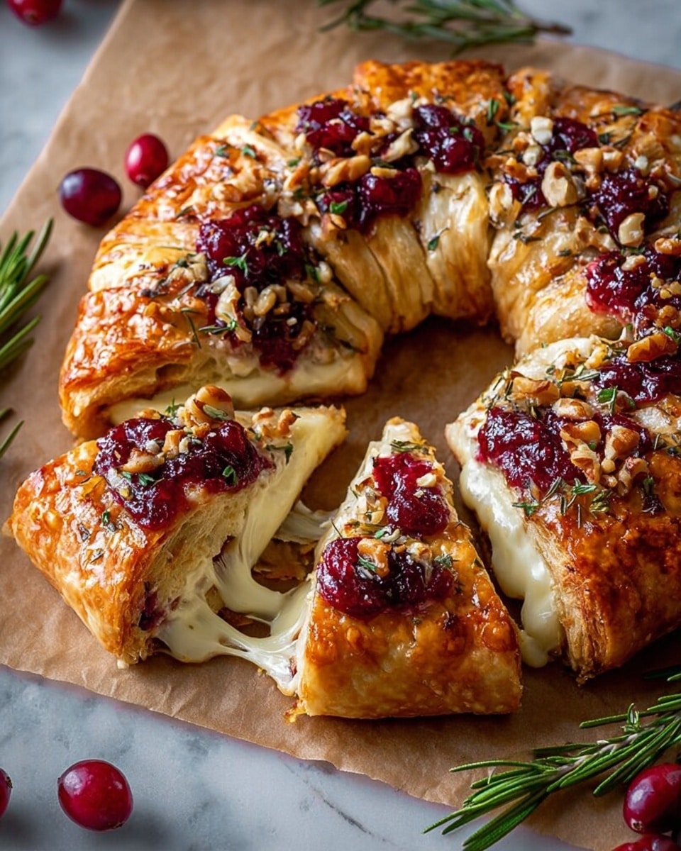 A golden-brown ring-shaped pastry with flaky layers is shown on a white marbled surface covered with a piece of brown parchment paper; the pastry is cut into several thick segments, revealing a melted creamy white cheese layer inside, topped with dollops of deep red cranberry sauce and sprinkled with finely chopped nuts and green herbs. Some fresh cranberries and a sprig of rosemary decorate the surface around the pastry, adding a pop of rich red and green color. The pastry has a shiny crust, and the cheese appears soft and gooey, stretching slightly from the cut slice. Photo taken with an iphone --ar 4:5 --v 7