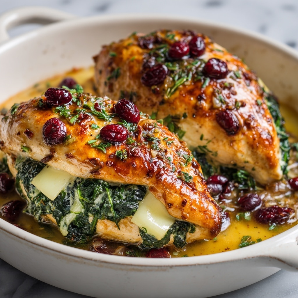 The image shows a cooked chicken breast stuffed and cut open to reveal a rich filling. The chicken skin is golden brown and crispy with a slightly spicy seasoning on top. Inside, the filling has at least two layers: a creamy white cheese layer mixed with dark green spinach and bright red cranberries, creating a mix of colors and textures. The chicken sits on a white plate with a sprig of rosemary underneath, and a few scattered cranberries around. The background is a white marbled surface with warm candlelight softly lighting the scene, photo taken with an iphone --ar 4:5 --v 7