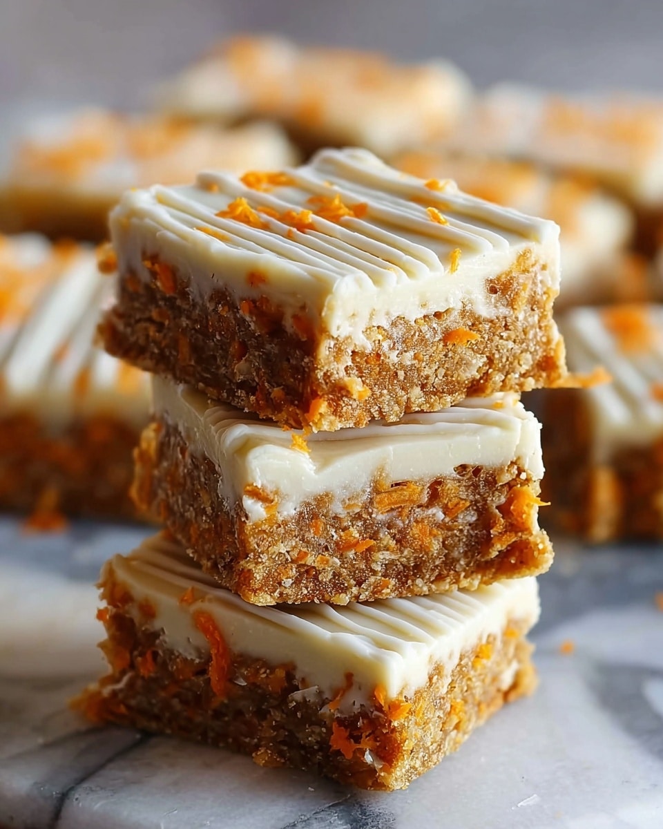 A close-up view of three square dessert bars stacked on top of each other, each bar showing two layers: a bottom layer with a dense, crumbly texture studded with orange bits, and a smooth, creamy white frosting layer on top. The top frosting layer is decorated with thin white drizzle lines. The background consists of more stacked bars on a white marbled surface, with a slightly blurred depth of field focusing on the front stack. Photo taken with an iphone --ar 4:5 --v 7