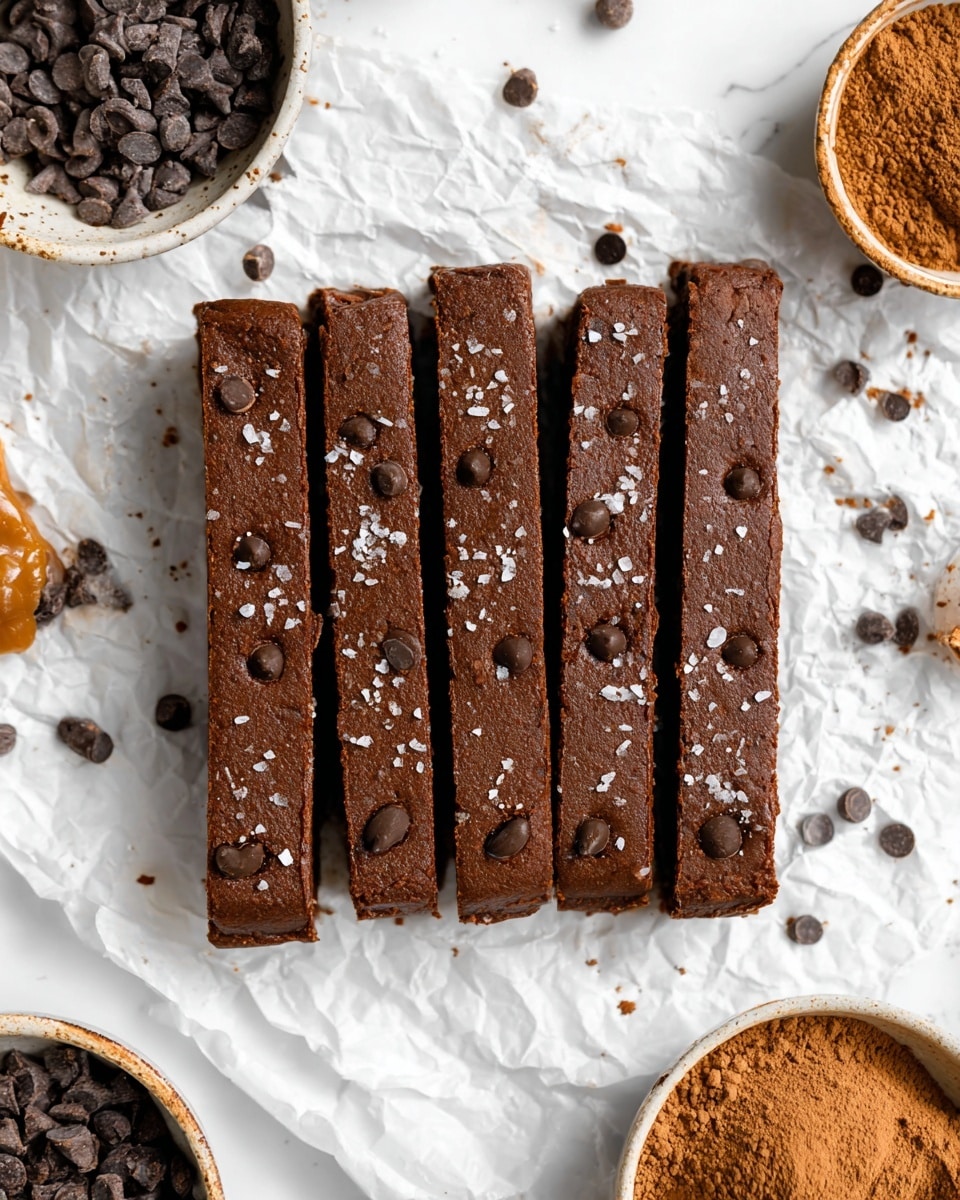 The image shows six thick rectangular chocolate bars laid side by side on crumpled white paper, each bar sprinkled with scattered dark chocolate chips and a light dusting of coarse sea salt flakes. The top surface of the bars is smooth but slightly crumbly, with a deep brown color and a few chocolate chips embedded on top. Surrounding the bars are small chocolate chips spread loosely, with a small pile of almond butter on a white marbled surface to the bottom right, a bowl with a heap of cocoa powder at the top, and another bowl filled with dark chocolate chips placed nearby. The overall setting is bright with a white marbled texture under the items. photo taken with an iphone --ar 4:5 --v 7
