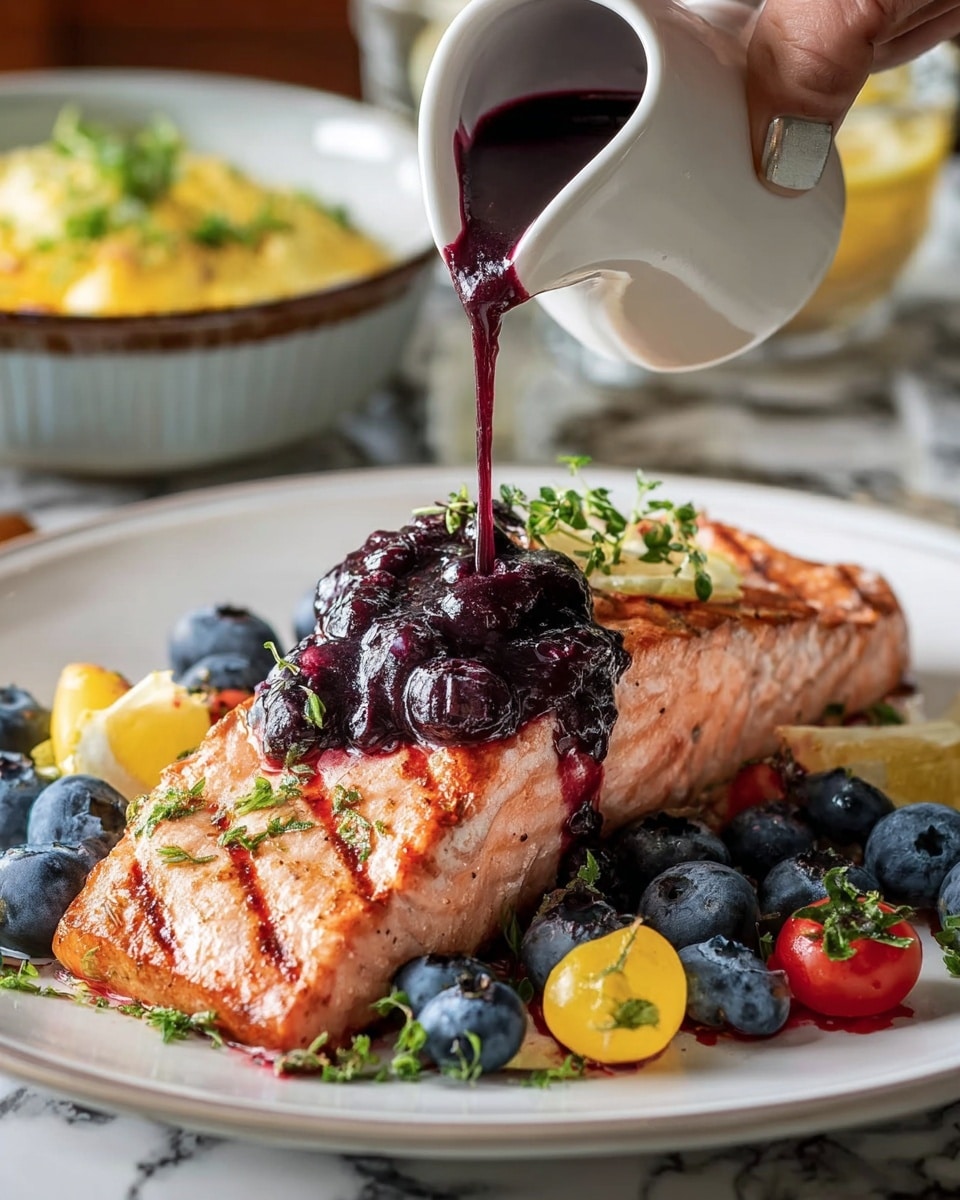 A white plate with a blue rim holds a bed of light yellow couscous mixed with small green herb leaves, forming the base layer. On top sits a piece of cooked salmon with a slightly crispy texture, pinkish-orange in color. The salmon is covered with a thick layer of dark purple-blue berry sauce, adorned with whole glossy blueberries and some crushed dark berries. On the plate, next to the couscous, there are two lemon wedges adding a bright yellow contrast. The plate rests on a white marbled surface with soft natural light casting gentle shadows. Photo taken with an iphone --ar 4:5 --v 7