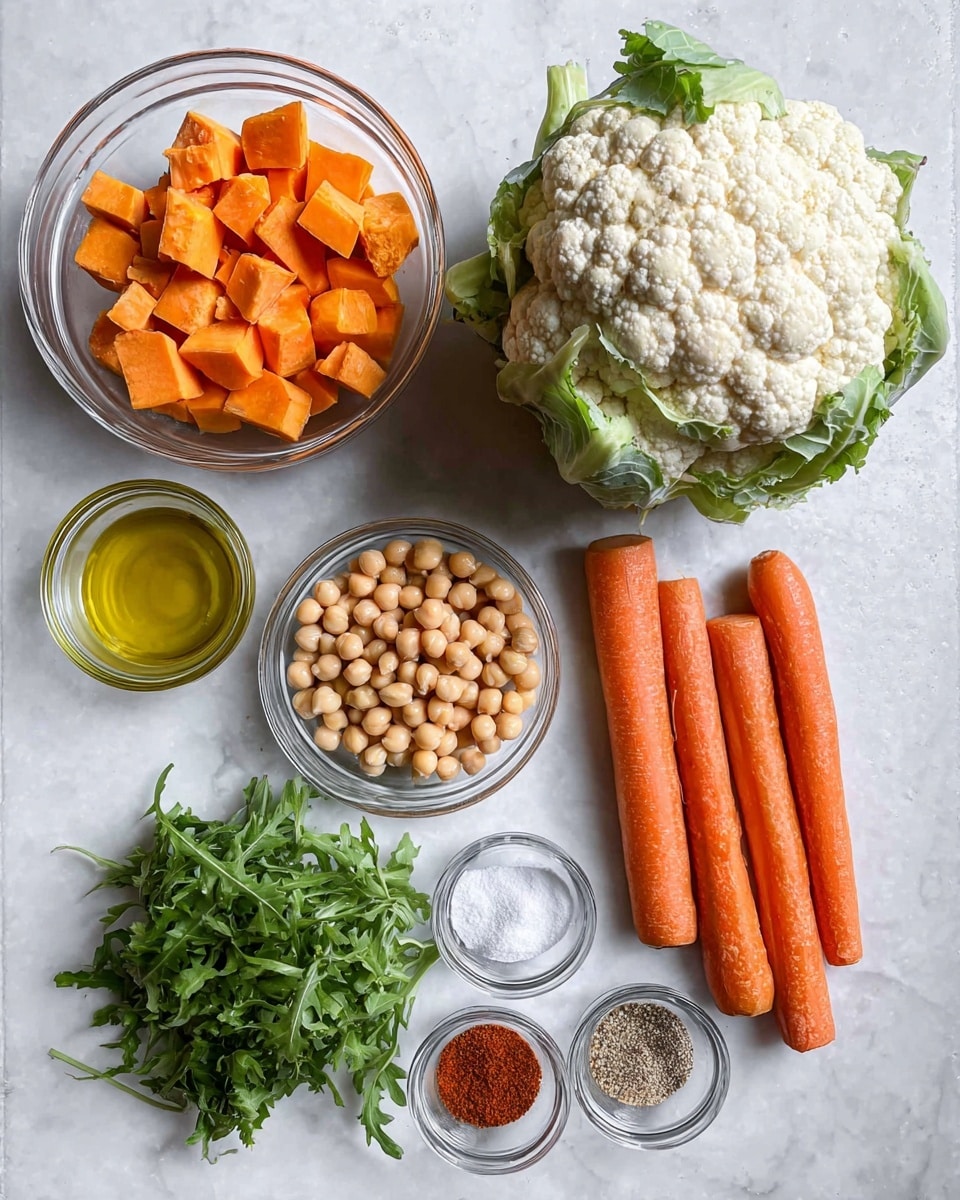 A white bowl filled with several layers of food sits on a white marbled surface. The bottom layer features a smooth, creamy white sauce spread across the bowl's base. On top of this, there are bright green leafy greens scattered around. Above the greens, there are soft orange cubes of roasted vegetables alongside light brown chickpeas. The top layer has golden-brown toasted bread cubes mixed with some crispy, darker roasted chickpeas. The entire dish is sprinkled lightly with a fine, beige crumb topping and garnished with a few larger green leaves for decoration. photo taken with an iphone --ar 4:5 --v 7