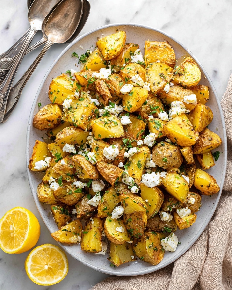 The image shows a baking tray filled with many pieces of small roasted potatoes, cut mostly in halves or quarters with golden brown skins and a soft yellow inside. Scattered on top are small white crumbles of cheese that contrast against the potatoes. Tiny green herb bits are sprinkled over the potatoes adding a fresh look. The tray itself is dark and rustic, and it sits on a white marbled surface. photo taken with an iphone --ar 4:5 --v 7