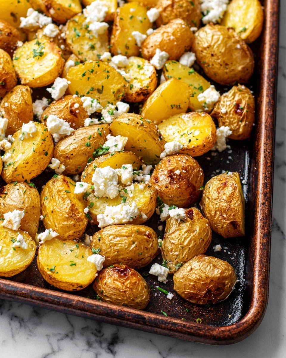 A large white plate filled with roasted potato pieces that have a golden-brown crispy skin and soft yellow insides, scattered unevenly across the plate. Small crumbles of white cheese are sprinkled over the potatoes, adding a soft, crumbly texture. Fresh green herbs, finely chopped, are scattered on top, adding a dash of color and freshness. The plate is set on a white marbled surface, with two halves of a bright yellow lemon placed near the bottom left of the plate. A soft beige cloth and three vintage silver spoons rest at the top of the frame. Photo taken with an iphone --ar 4:5 --v 7