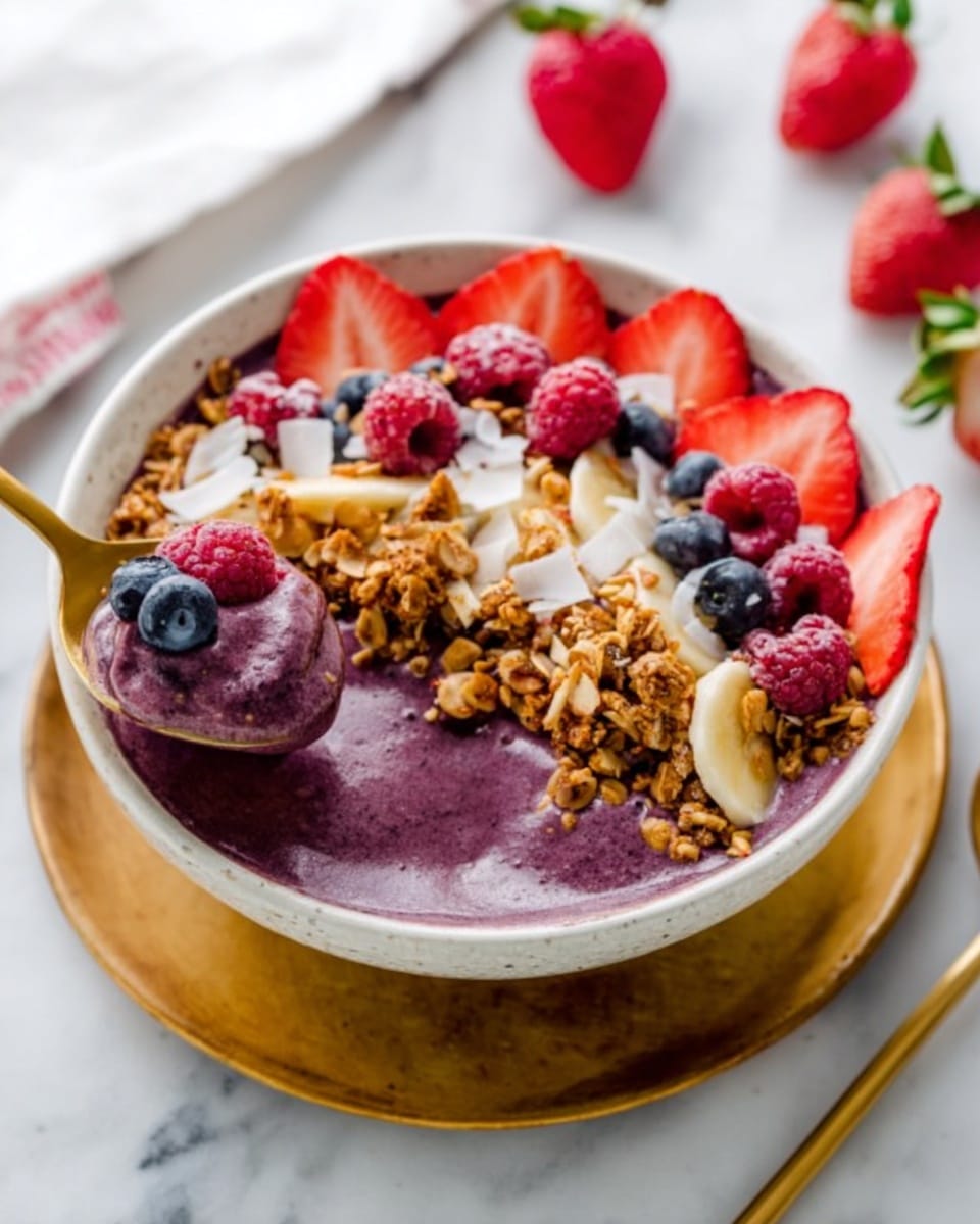 A white bowl filled with a thick, deep purple smoothie base, topped with neatly sliced banana pieces arranged in a row down the center. Around the bananas is a mix of granola with a crunchy texture and golden brown peanut butter drizzled on top. There are fresh red strawberry halves with green tops placed around the edge, along with whole raspberries and blueberries scattered generously. White coconut flakes are also sprinkled on top, with small black chia seeds dotting the banana slices and peanut butter. The bowl sits on a round, textured beige plate, and the background is a white marbled surface. A gold spoon is partially visible on the right side of the bowl. photo taken with an iphone --ar 4:5 --v 7