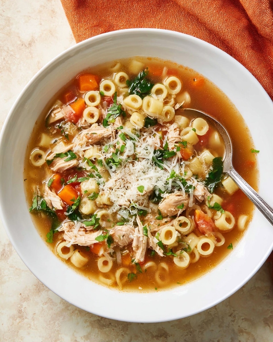 A white, shallow bowl filled with a clear broth soup containing small round pasta, chunks of orange carrot, green leafy vegetables, and bits of tomato. The soup is topped with a sprinkle of finely grated white cheese and small green herbs, adding texture and color contrast. A silver spoon rests on the right edge of the bowl. The bowl is placed on a white marbled surface with a soft orange cloth blurred in the background. photo taken with an iphone --ar 4:5 --v 7