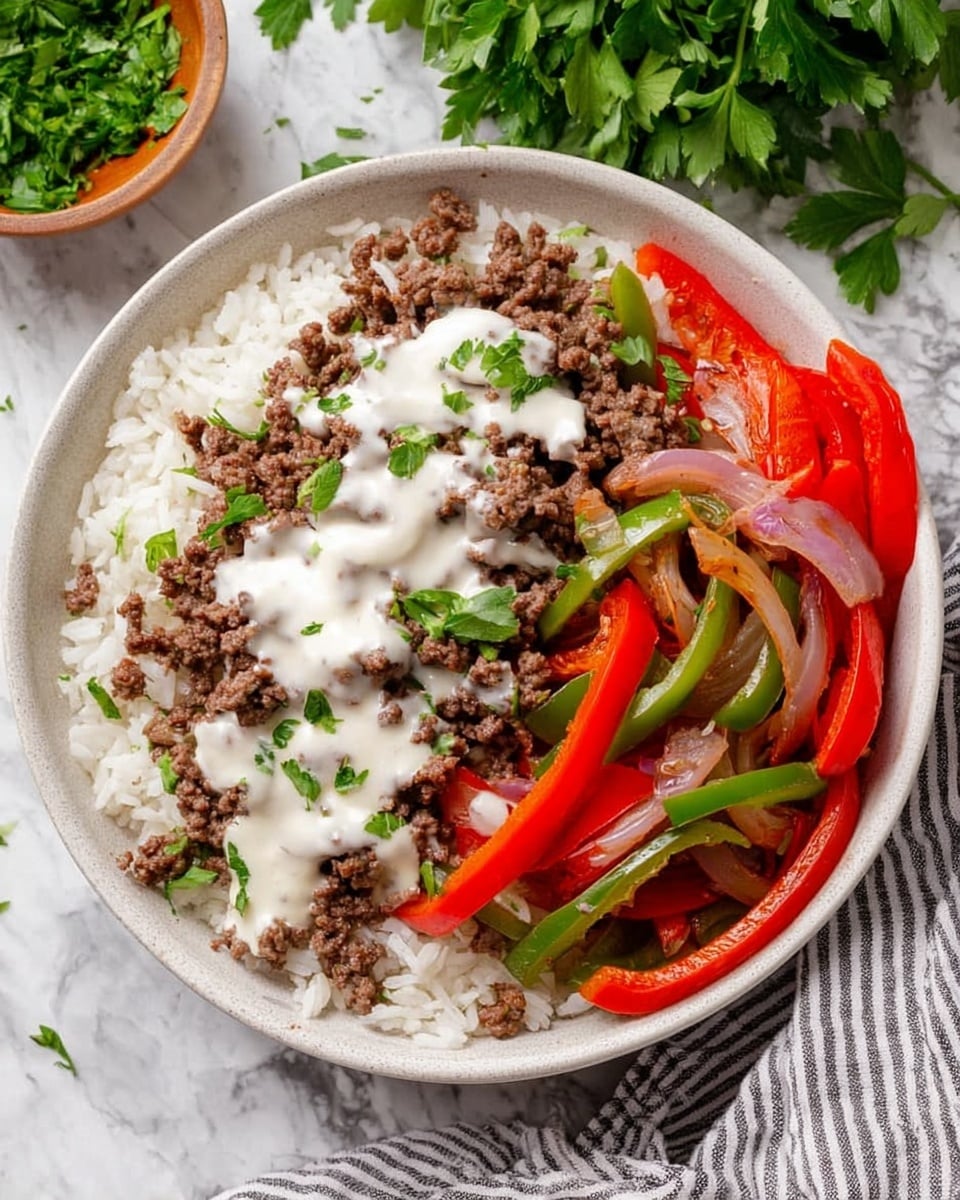 A white bowl filled with a base layer of fluffy white rice, topped with a generous layer of browned ground beef crumbles. Over the beef is a smooth, creamy white sauce drizzled unevenly, adding contrast. Around one side of the bowl, there are sautéed strips of red and green bell peppers with translucent cooked red onions mixed in, adding vibrant color. The dish is garnished with fresh green parsley leaves scattered on top and a small sprig resting on the edge of the bowl. The bowl sits on a white marbled surface. photo taken with an iphone --ar 4:5 --v 7