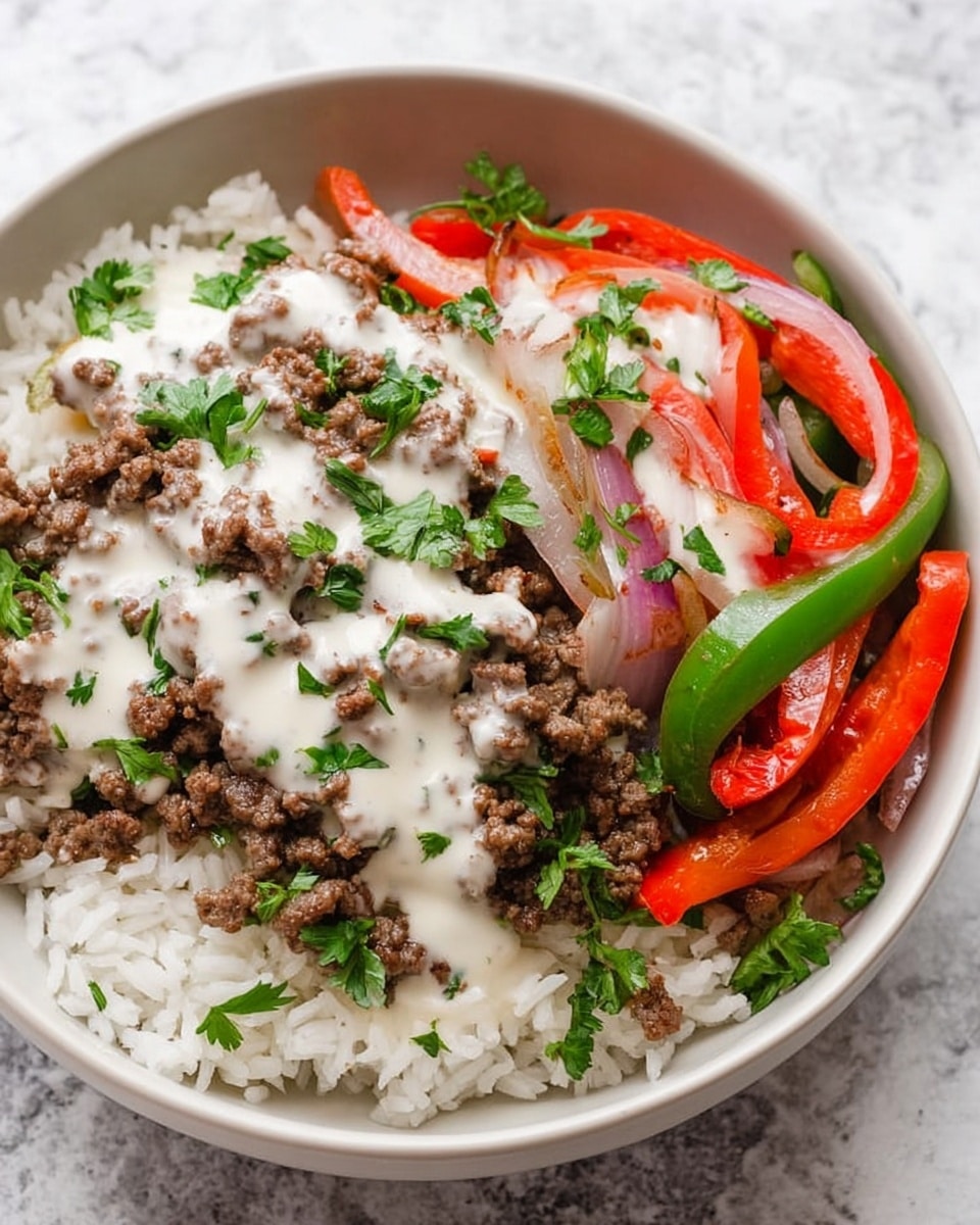 A white bowl filled with three main layers; the bottom layer is fluffy white rice, the middle layer consists of cooked ground beef scattered evenly across the rice, and the top layer is a creamy white sauce drizzled over the beef. On one side of the bowl, there are sautéed red and green bell peppers with cooked red onions, adding a mix of bright red, green, and translucent brown colors. Small fresh green parsley leaves are sprinkled on top as garnish. The bowl is placed on a white marbled surface with a striped cloth napkin nearby, and a bunch of fresh parsley is visible in the background. photo taken with an iphone --ar 4:5 --v 7