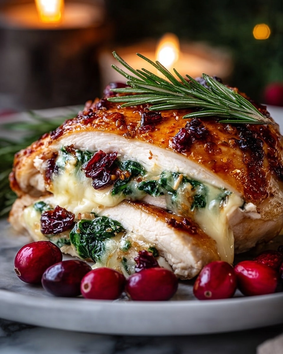 The image shows a black skillet with two large cooked chicken breasts topped with melted golden-brown cheese, scattered with dark red cranberries, small pale yellow cheese cubes, and fresh green sprigs of thyme. The chicken pieces sit in a creamy light yellow sauce that pools around them, with some of the cranberries and thyme resting in the sauce. The skillet is placed on a white marbled surface decorated with pinecones and green pine leaves around it, giving a cozy festive feel. photo taken with an iphone --ar 4:5 --v 7