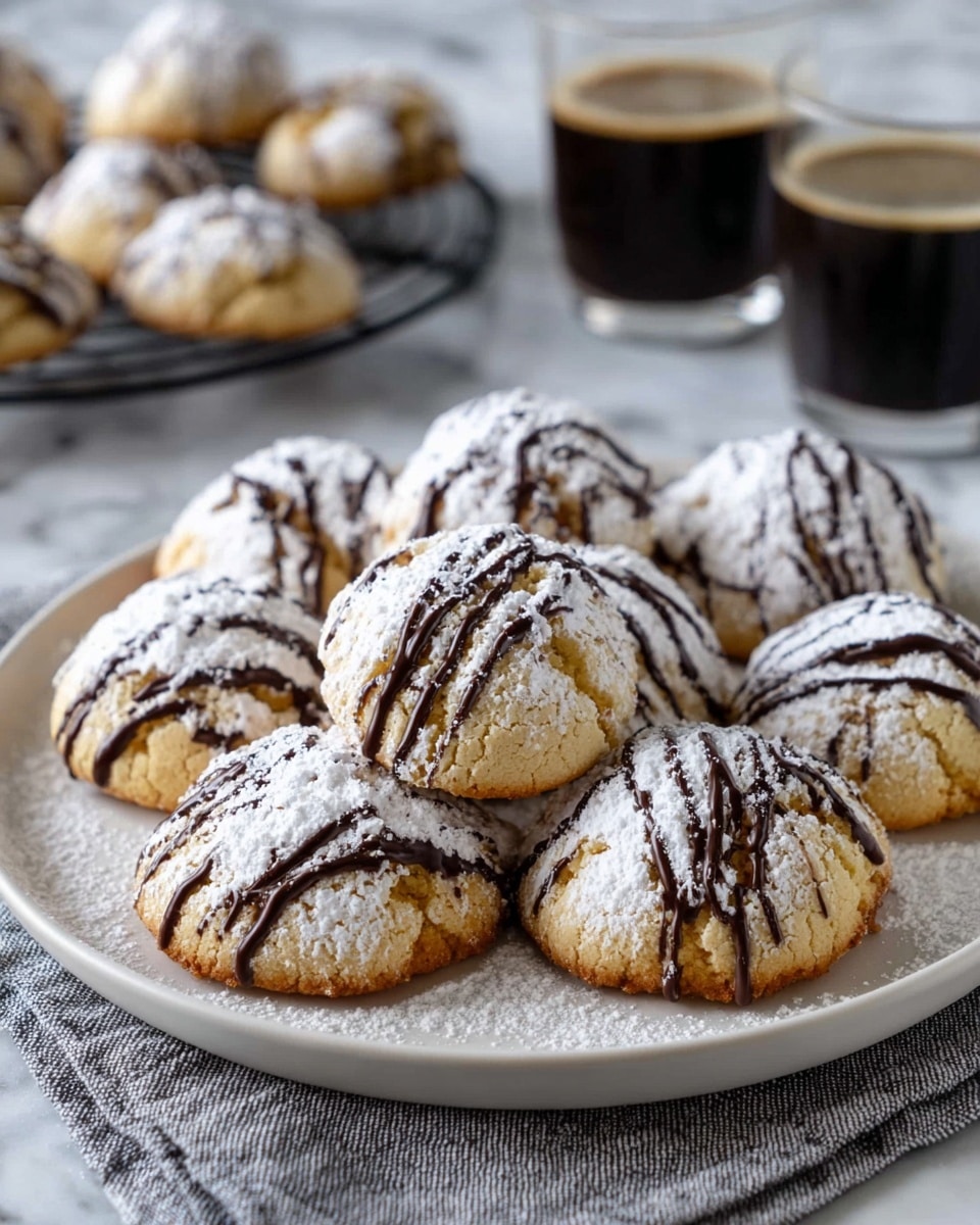 A round white plate holds eight soft, dome-shaped cookies arranged close together. Each cookie is golden brown with a dusting of fine white powdered sugar covering the top and sides. Dark, thin chocolate drizzle lines cross the tops in a random pattern, adding a rich contrast. The plate sits on a textured gray cloth over a white marbled surface. In the background, two glasses filled with dark coffee and additional cookies on a black wire rack are softly out of focus. photo taken with an iphone --ar 4:5 --v 7