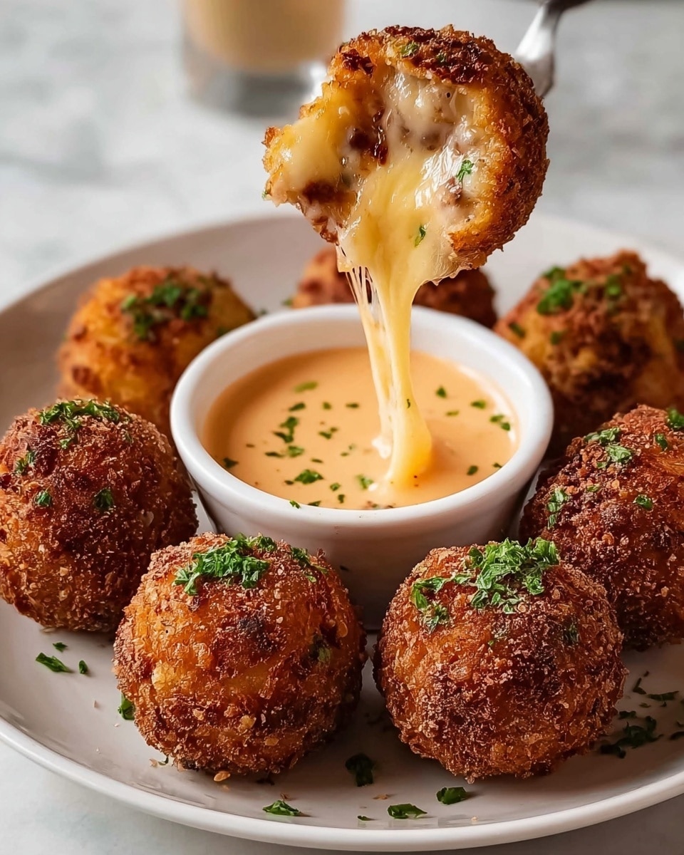 A white plate holds seven round, crispy brown fried cheese balls garnished with small green parsley pieces. One cheese ball is lifted above a small white sauce bowl filled with thick creamy light orange sauce, showing melted cheese inside stretching and dripping down. The balls have a rough texture with melted cheese oozing out of some. The background is a white marbled surface. photo taken with an iphone --ar 4:5 --v 7