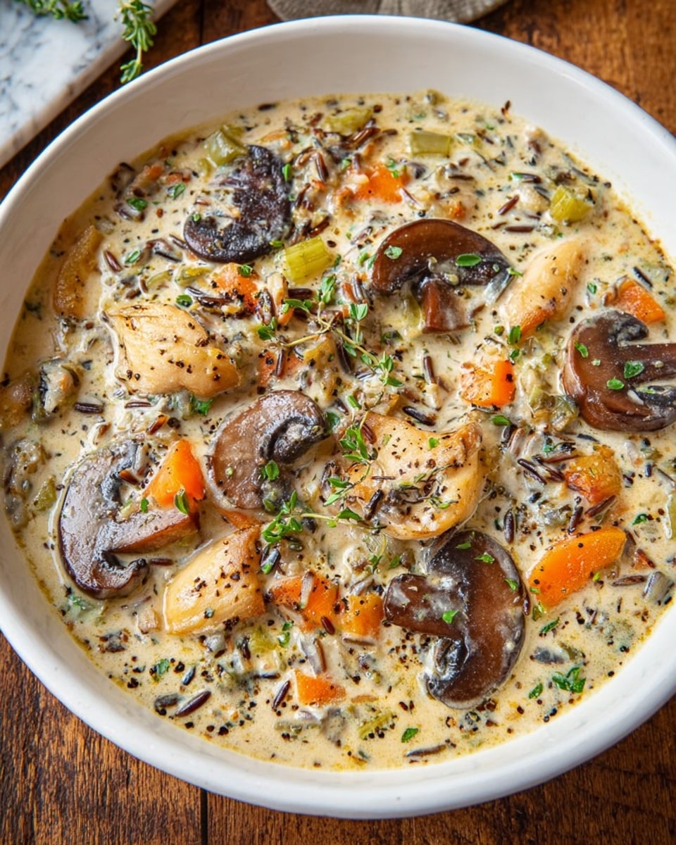 The image shows a close-up of a white bowl filled with creamy mushroom soup that has a light beige color with visible pieces of brown mushrooms, orange carrot slices, and some green herbs sprinkled on top. There is a thick layer of white grated cheese scattered over the soup, adding texture. A slice of toasted bread with a dark golden-brown crust leans on the edge of the bowl, its surface showing a crunchy, patterned texture. The bowl sits on a wooden board, and the background has a white marbled texture. A spoon dips slightly into the soup on the right side of the bowl. photo taken with an iphone --ar 4:5 --v 7