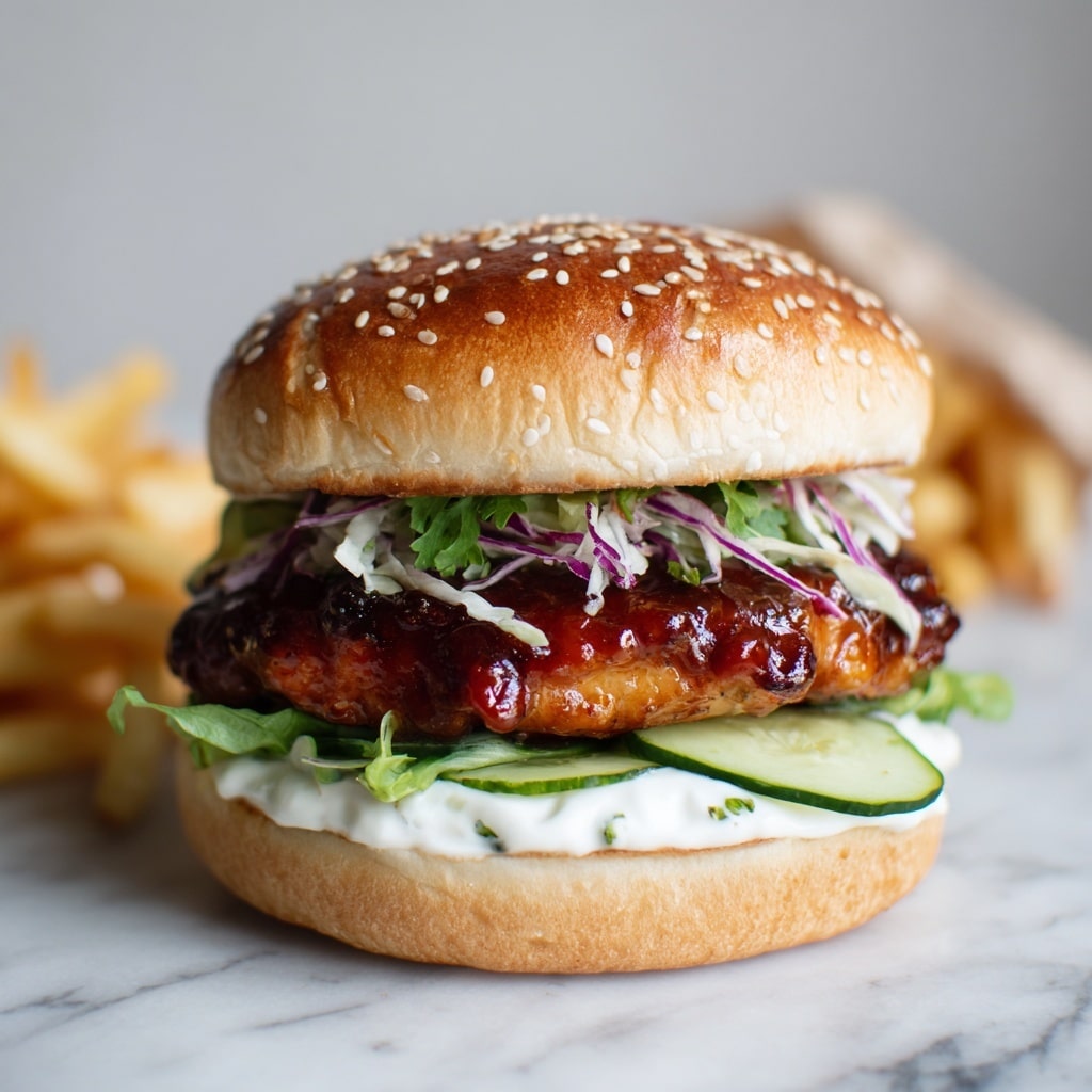 A close-up of a burger with a shiny, sesame-seeded top bun. Below it, there is a thick, grilled chicken patty covered in a glossy, reddish barbecue sauce. On top of the patty, there are thin slices of dark purple onions. Underneath the chicken, there is a layer of light green shredded lettuce mixed with slices of cucumber and some white mayonnaise spread on the bottom bun. The sandwich is placed on a white plate with a side of golden brown fries, all set on a white marbled surface. photo taken with an iphone --ar 4:5 --v 7