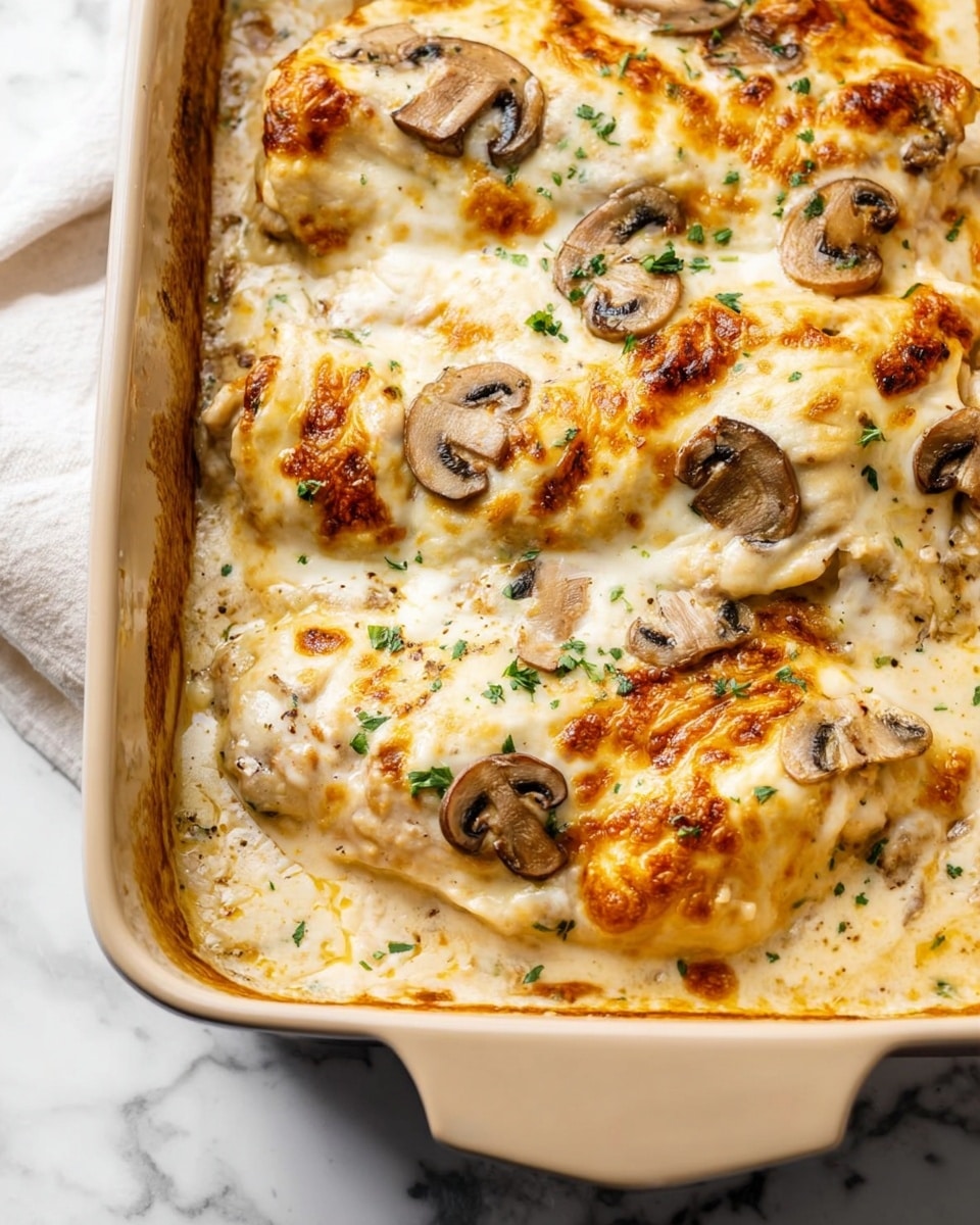On a white plate, there are three separate parts of the meal: bright green roasted green beans on the left side, creamy mashed potatoes with a slight texture and sprinkled herbs on the right, and a square piece of baked chicken topped with melted golden cheese and small mushroom slices in the center. The plate is placed on a white marbled surface, and in the background, there is a teal baking dish with more cheesy baked chicken visible. A woman's hand is reaching toward the plate, holding a fork. Photo taken with an iphone --ar 4:5 --v 7