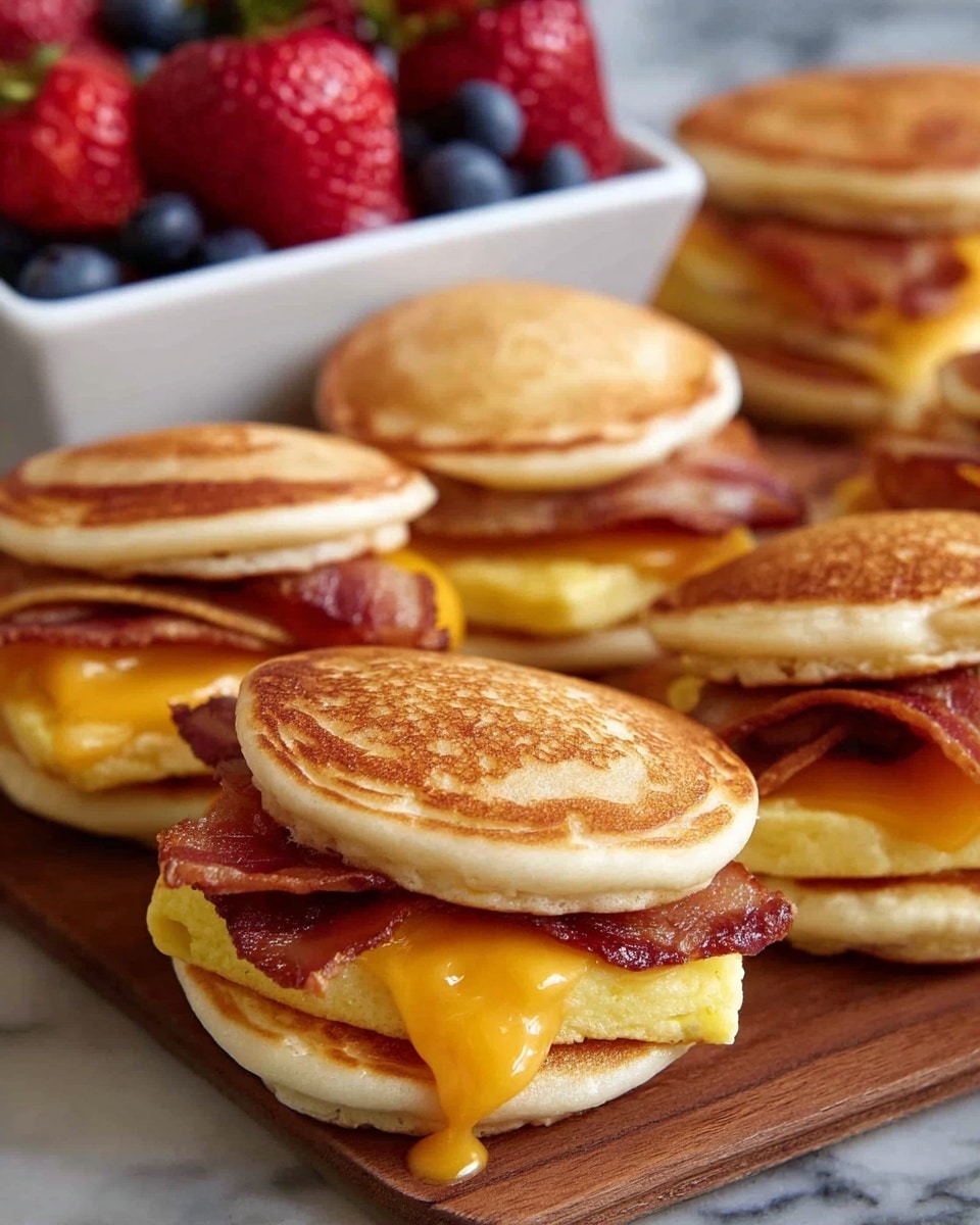 A close-up view of a breakfast sandwich held by two woman's hands, showing four layers: a toasted, golden-brown English muffin top with slight charring, a wavy strip of crispy bacon in a reddish-brown tone, a fluffy folded yellow egg layer, and a slice of bright orange cheddar cheese resting on a toasted English muffin bottom with a light golden texture. Around the sandwich, more similar sandwiches are placed on a white marbled surface, blurred in the background with a bowl of berries also visible. photo taken with an iphone --ar 4:5 --v 7