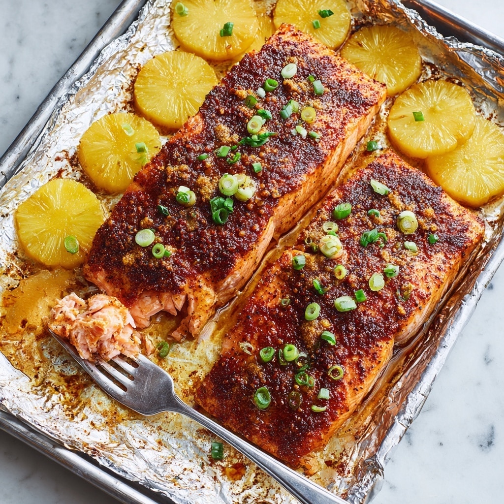A large piece of cooked salmon fillet lies on a foil-lined baking sheet, resting on a white marbled surface. The salmon is covered with a textured coating of red and dark brown spices, with bits of green onion sprinkled on top. Underneath the salmon, there is a single layer of round, golden-yellow pineapple slices. A silver fork has taken a small piece out of the salmon on the left side, showing the soft, pink inside. The baking sheet has some browned and sticky spots from cooking juices around the edges. photo taken with an iphone --ar 4:5 --v 7