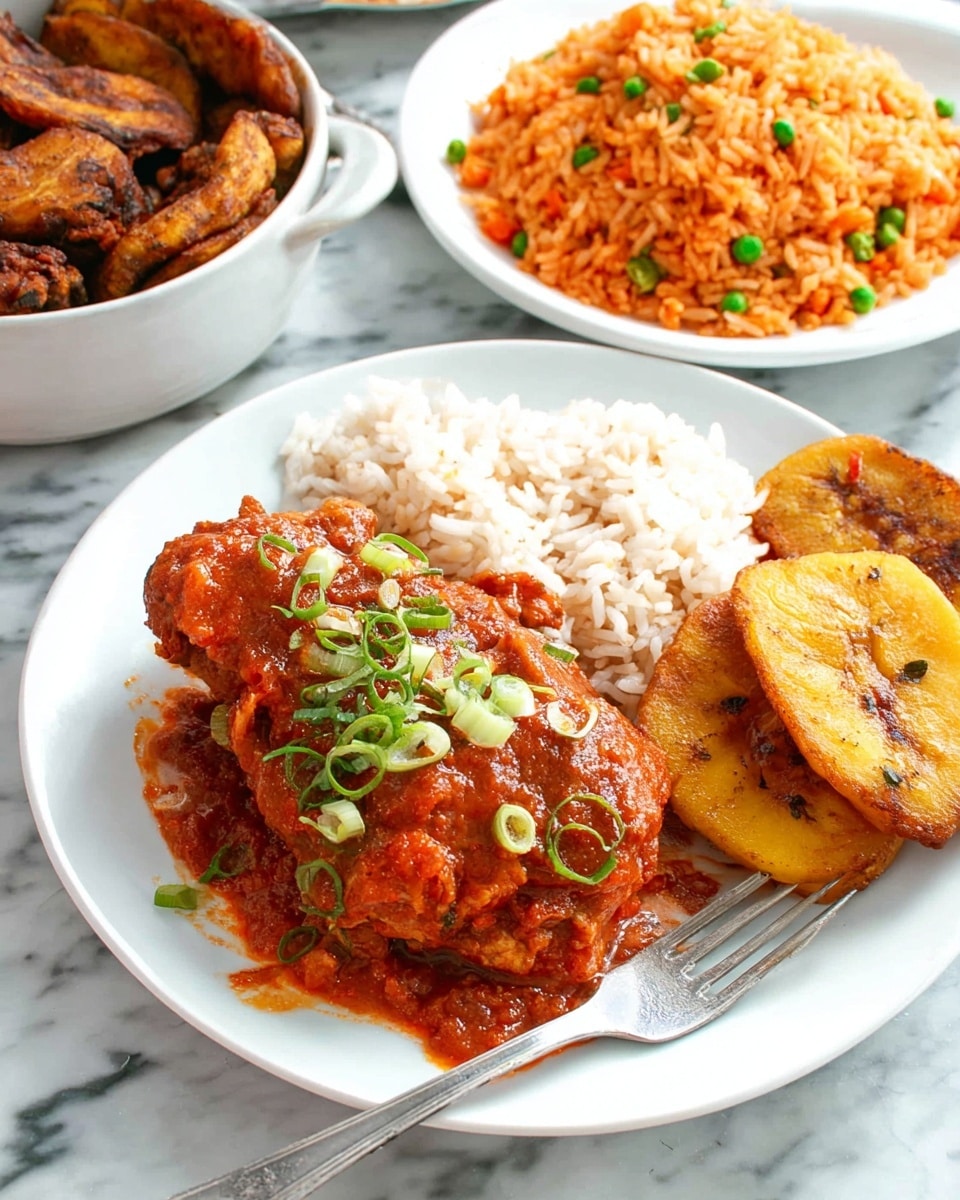 The image shows a black cast iron pan filled with four pieces of cooked chicken covered with thick, red tomato sauce on top. The chicken pieces are golden-brown and look crispy under the sauce, which has a chunky texture. The pan is placed on a light wood surface next to a white plate filled with white rice. A woman's hand is holding a metal spoon inside the pan, ready to serve. The background is a white marbled texture. photo taken with an iphone --ar 4:5 --v 7