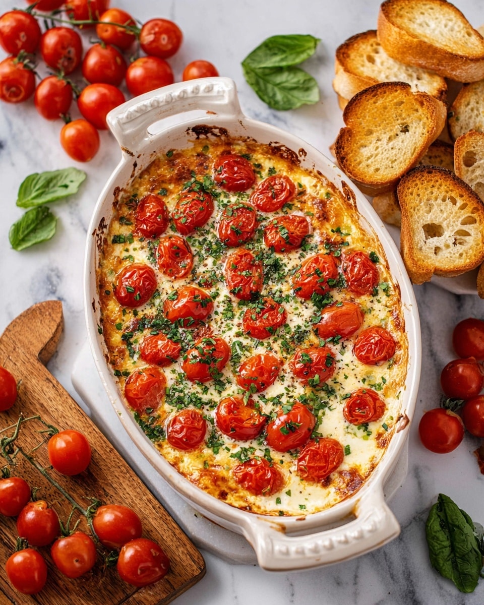 The dish is a baked casserole presented in a white oval ceramic dish with handles on each side. The base layer is melted creamy cheese with a light golden toast edge around the baking dish. On top of the cheese, there are many halved cherry tomatoes, bright red in color, scattered evenly across the surface. Finely chopped fresh green herbs are sprinkled generously all over the top, adding a fresh contrast to the creamy and red colors. Surrounding the dish on a white marbled texture are several golden-brown toasted bread slices stacked loosely on a small wooden board, with fresh whole cherry tomatoes on the vine to the side, and some fresh green leaves scattered nearby. Photo taken with an iphone --ar 4:5 --v 7