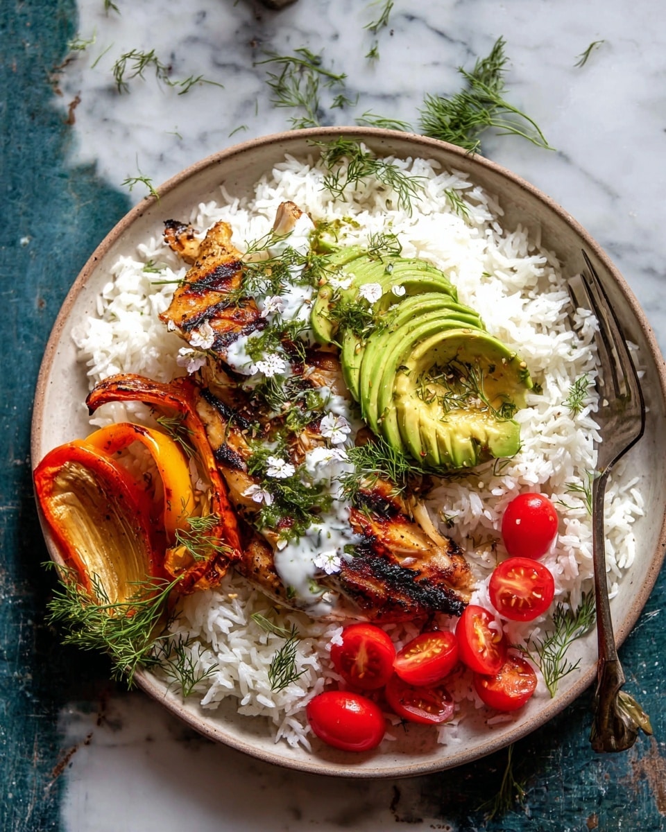 A large piece of grilled chicken with brown char marks sits on a bed of white rice spread across a white plate. To one side of the chicken, there are thinly sliced grilled orange bell peppers with a soft texture. On top of the chicken is a layer of thin avocado slices arranged in a neat fan shape, covered with a few dollops of white cream and a sprinkling of chopped green herbs and small white edible flowers. To the right of the chicken are several halved bright red cherry tomatoes, and scattered around the plate are fresh dill sprigs adding a green color contrast. A metal fork rests on the right side of the plate, partially on the rice. The plate is placed on a white marbled surface. photo taken with an iphone --ar 4:5 --v 7
