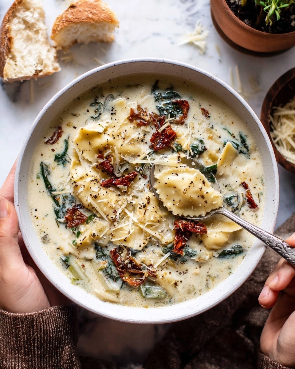 A white bowl filled with a creamy soup that has multiple layers: the light beige broth is thick and speckled with black pepper; inside there are pale yellow lasagna pasta pieces with ruffled edges; bright green spinach leaves float around; torn dark red sun-dried tomatoes add color contrast; thin, shaved white cheese is scattered on top, melting slightly into the soup. A woman's hand holds the bowl from the bottom left while another woman's hand holds a silver spoon digging into the soup on the right side, resting against a white marbled surface. Photo taken with an iphone --ar 4:5 --v 7