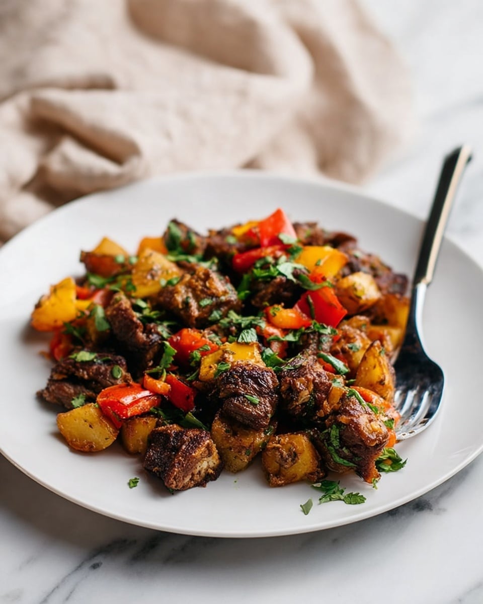 A white plate holds a colorful mix of cooked diced meat and vegetables. There are three main layers: the bottom layer has small, golden brown potato pieces with a crispy texture; the middle layer consists of dark brown, tender meat chunks; the top layer is made of bright red and yellow bell pepper pieces. Fresh green chopped herbs are sprinkled on top, adding a fresh touch. A fork with a black handle rests on the plate, holding a bite with meat and greens. The scene is set on a white marbled surface with a soft beige cloth blurred in the background. photo taken with an iphone --ar 4:5 --v 7