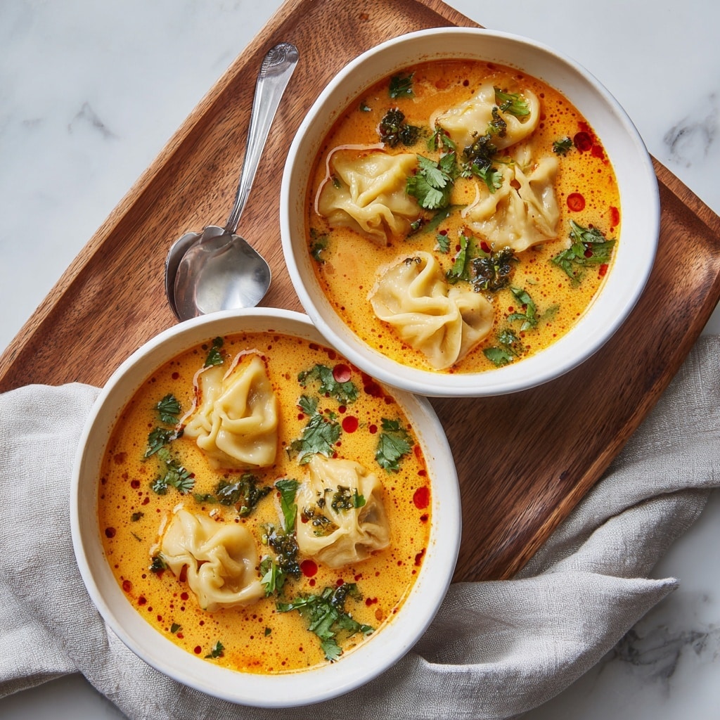 A white bowl filled with a creamy orange soup that has a smooth texture and small red oil spots floating on top. Inside the soup, there are seven dumplings with pale yellow dough, each shaped like a flower with multiple folds gathered at the top. Green herbs, including cilantro leaves and some dark green chopped leaves, are scattered over the soup, adding contrast. A silver spoon rests on the edge of the bowl. The bowl sits on a wooden board placed on a white marbled surface with a light gray cloth draped nearby. photo taken with an iphone --ar 4:5 --v 7
