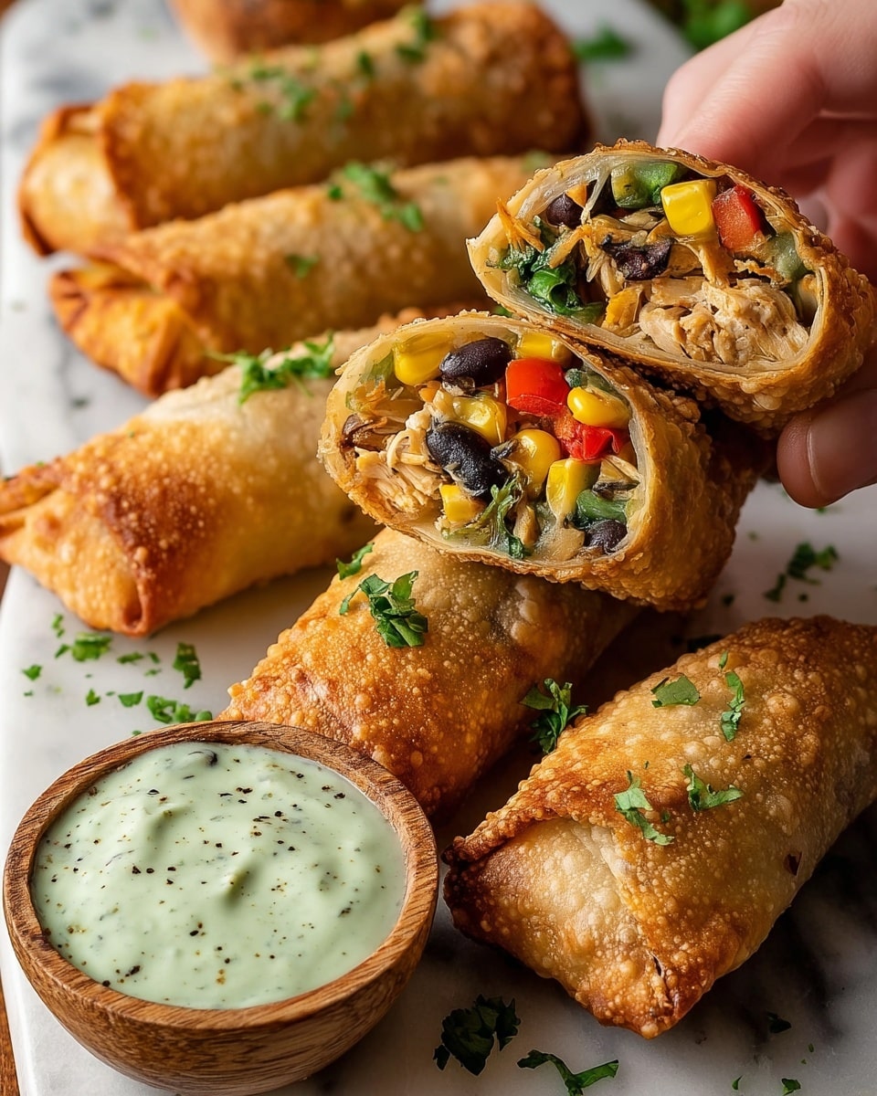 The image shows five golden-brown crispy egg rolls arranged on a white marbled surface. Three of the egg rolls are whole and placed in the background while two are cut in half in the foreground, revealing three visible layers inside - the top layer of shredded light brown chicken, a middle layer of black beans and yellow corn, and a bottom layer of chopped green leafy herbs and red bell peppers. One of the cut rolls is being held by a woman's hand at the right side, showing the detailed filling inside. A small wooden bowl filled with creamy pale green dipping sauce with specks of black pepper is placed at the front left side. The egg rolls are sprinkled lightly with chopped green herbs. Photo taken with an iphone --ar 4:5 --v 7
