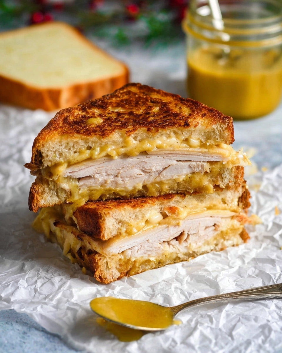 A grilled sandwich cut in half, stacked on a white crumpled paper with a spoon of yellow sauce in front. The sandwich has three layers: the top and bottom are golden brown toasted bread with a crispy texture; the middle layer is a thick piece of light-colored cooked chicken; and melting yellow cheese layers are between the bread and chicken, slightly oozing out. In the background, there is a small clear jar with yellow sauce and a thick slice of white bread. The surface underneath everything is white marbled texture. photo taken with an iphone --ar 4:5 --v 7