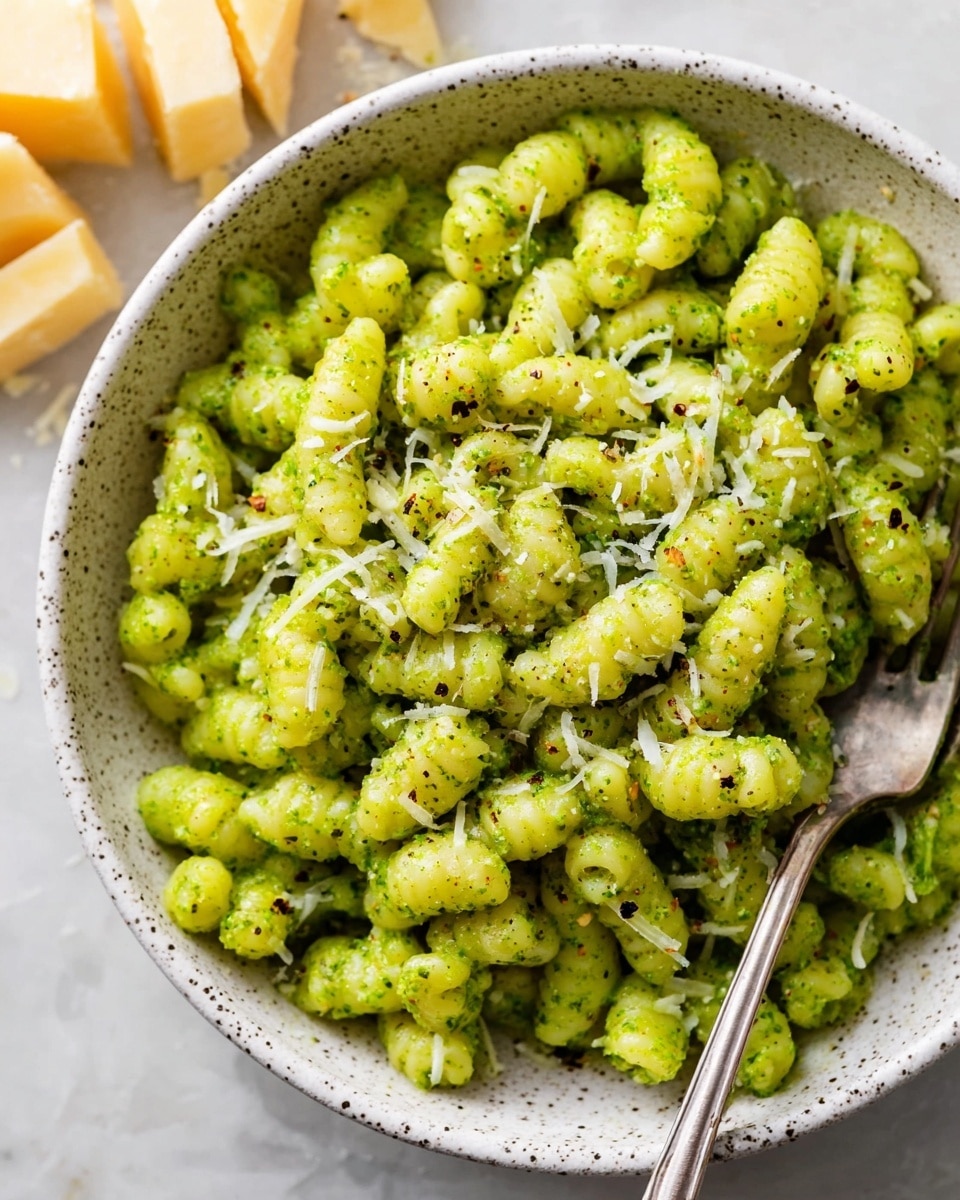 This image shows a pot filled with bright yellow cooked spiral pasta as the first layer. On top of the pasta, a thick, creamy light green sauce with a slightly chunky texture is being poured from a blender jar, forming the second layer. The pot is light gray with a curved handle visible at the front. The scene is set on a white marbled surface with a textured olive-green cloth on the side. photo taken with an iphone --ar 4:5 --v 7