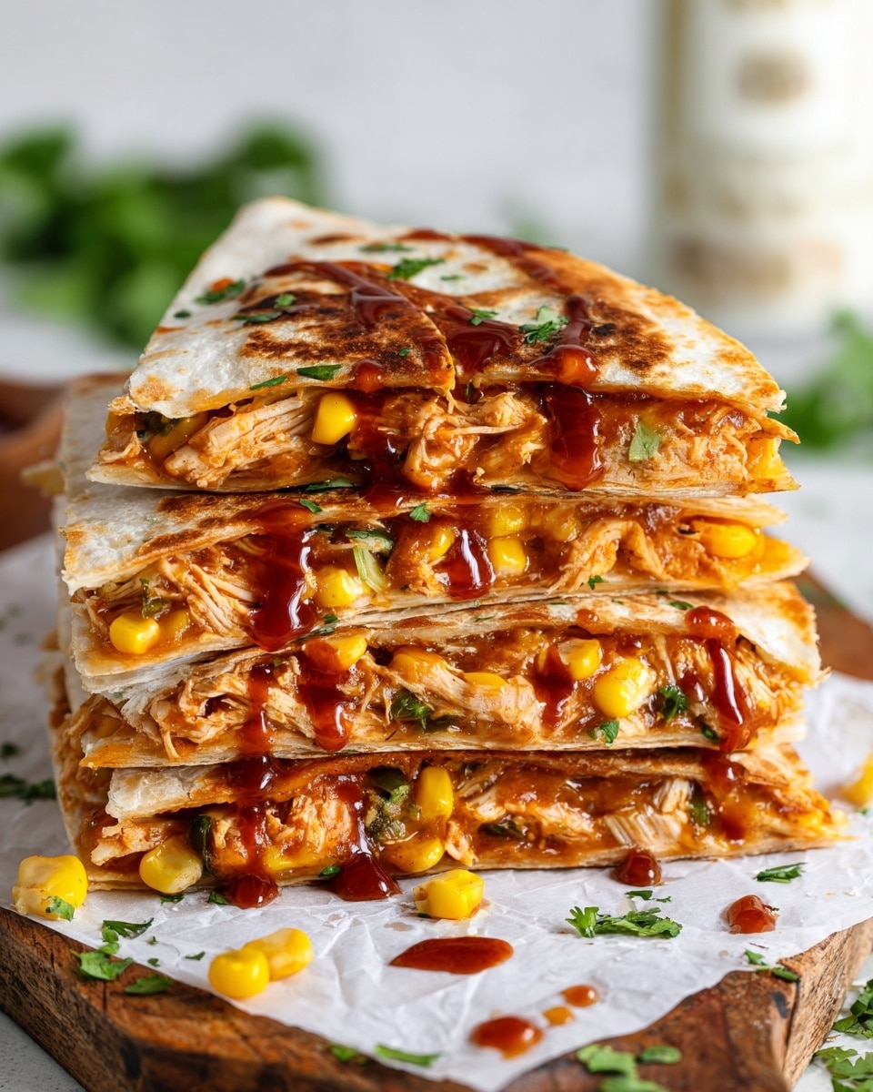 A round quesadilla cut into six triangular slices sits on a dark baking tray with a few drops of dark sauce around it. The quesadilla has two light golden brown toasted tortilla layers with a crispy edge, filled with melted cheese, shredded chicken, and some green and red bits likely from vegetables or herbs inside. Small pieces of chopped green herbs are sprinkled on top. Fresh cilantro leaves are scattered around the tray, with a small clear bowl holding reddish-brown dipping sauce and a metal spoon resting inside. The background is changed to a white marbled texture. photo taken with an iphone --ar 4:5 --v 7