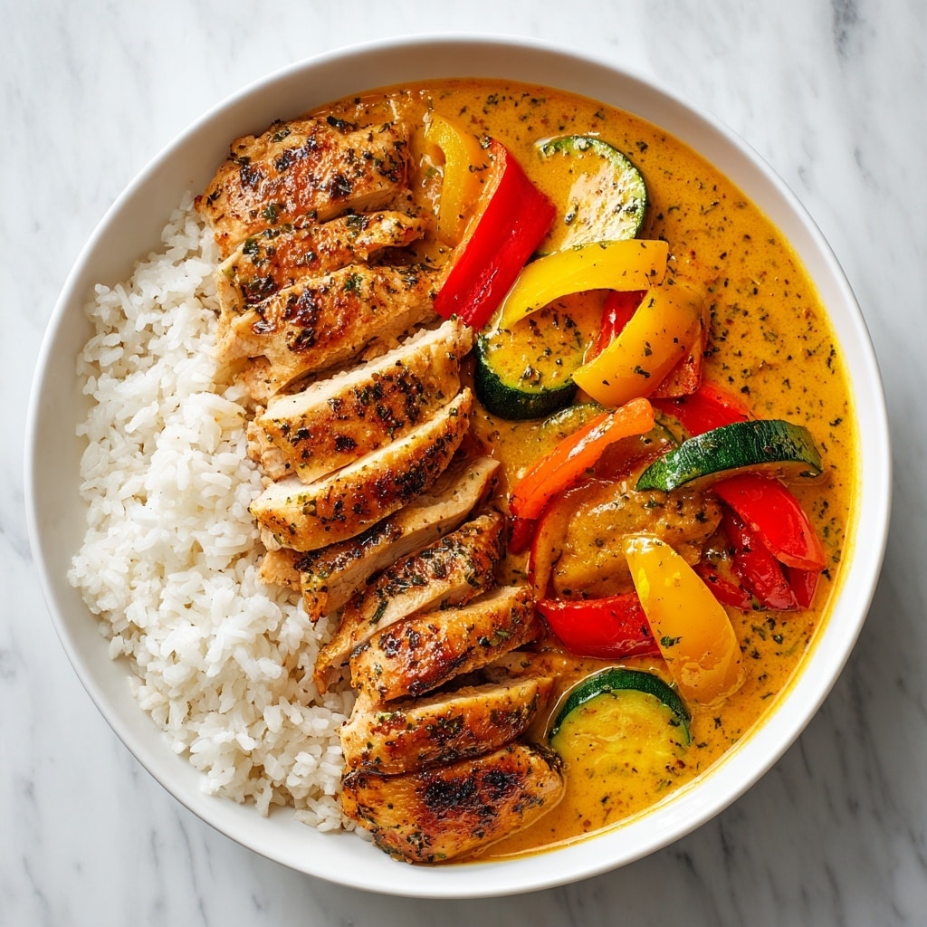 A white bowl holds two main sections of food on a white marbled surface. On the left side, there is a thick layer of plain white rice with a soft texture. On the right side, there is a rich orange-yellow curry sauce, thick and creamy, covering the base of the bowl. Five pieces of cooked chicken, each golden with specks of black pepper and herbs, are laid in a row on top of the curry. Mixed within and under the chicken are colorful vegetable slices, including bright red bell pepper strips, yellow bell pepper pieces, and green zucchini slices, adding texture and color contrast. The curry has a speckled appearance with herbs and spices visible in the sauce. photo taken with an iphone --ar 4:5 --v 7