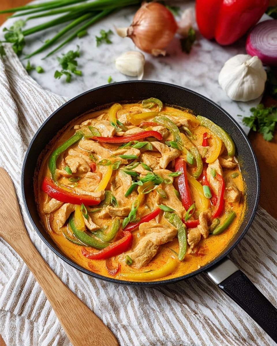 A black pan filled with a creamy orange sauce, layered with pieces of light brown cooked chicken, and long strips of bell peppers in red, green, and yellow colors, mixed together with some green sliced scallions on top. The pan rests on a striped white and beige cloth with a wooden spatula nearby, and the background shows a white marbled texture with whole bell peppers, garlic, a red onion, and green herbs scattered around. photo taken with an iphone --ar 4:5 --v 7